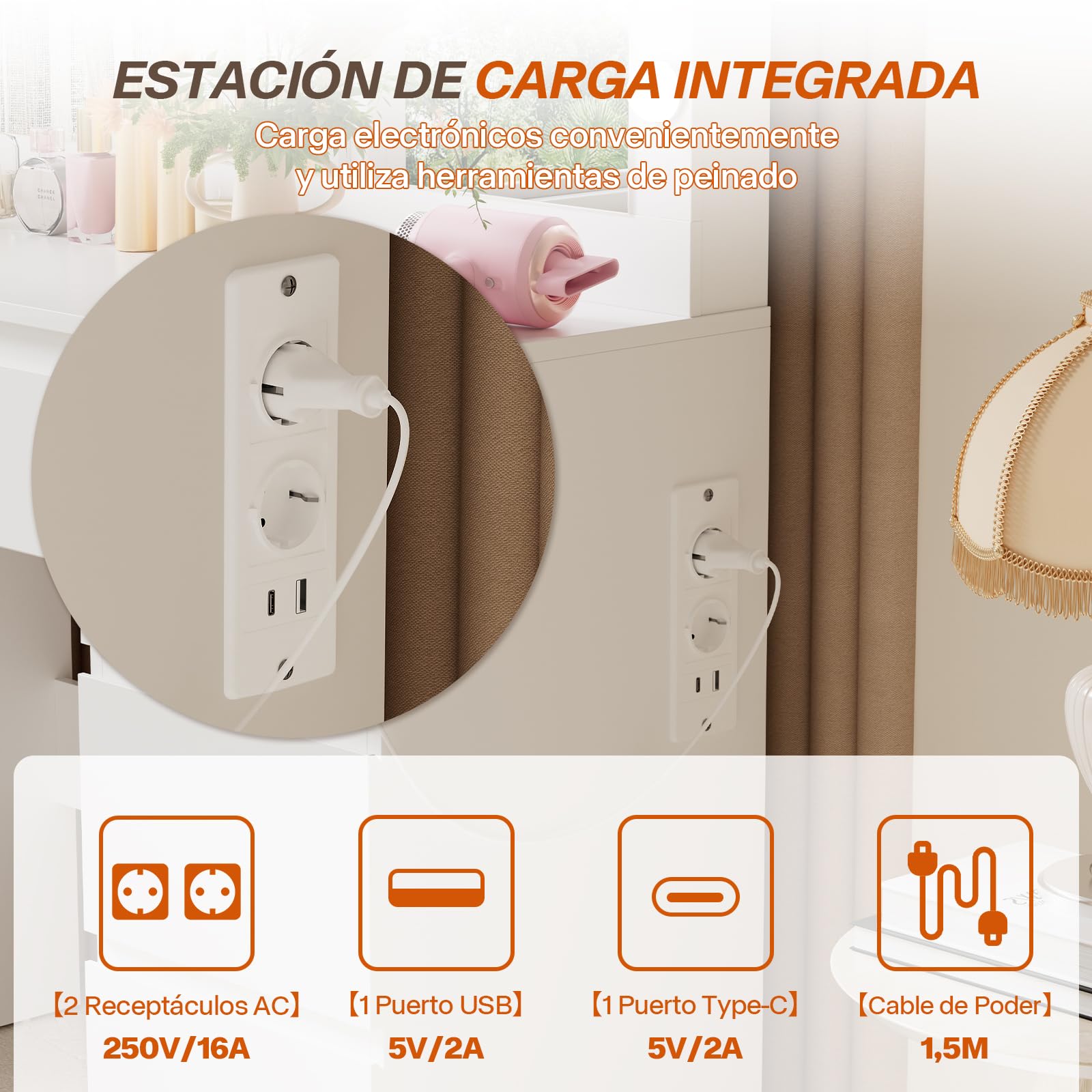 TRIUMPHKEY Tocador de Maquillaje con Luz Espejo Grande y Enchufes, 12 Luces LED Ajustables, Mesa de Maquillaje con 7 Cajones y Organizador de Joyas, 120x40x140 CM Moderno Blanco
