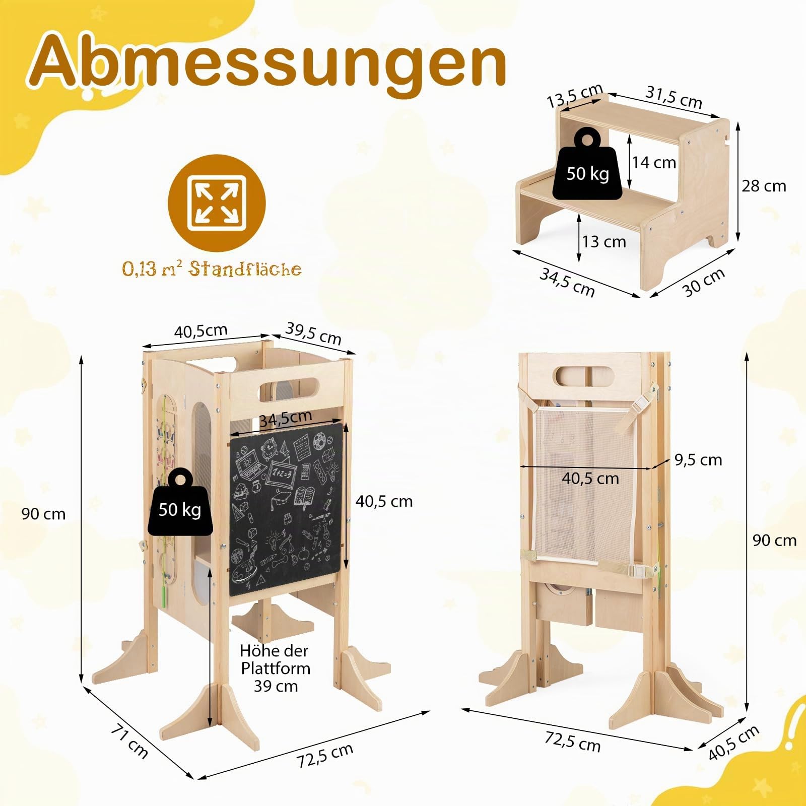 COSTWAY 4 in 1 Lernturm klappbar, Tritthocker aus Holz mit 2-Stufen Hocker, Tafel & abnehmbarem Sicherheitsnetz, Learning Tower Montessori, Tritthschemel für Kinder ab 3 Jahren, Natur