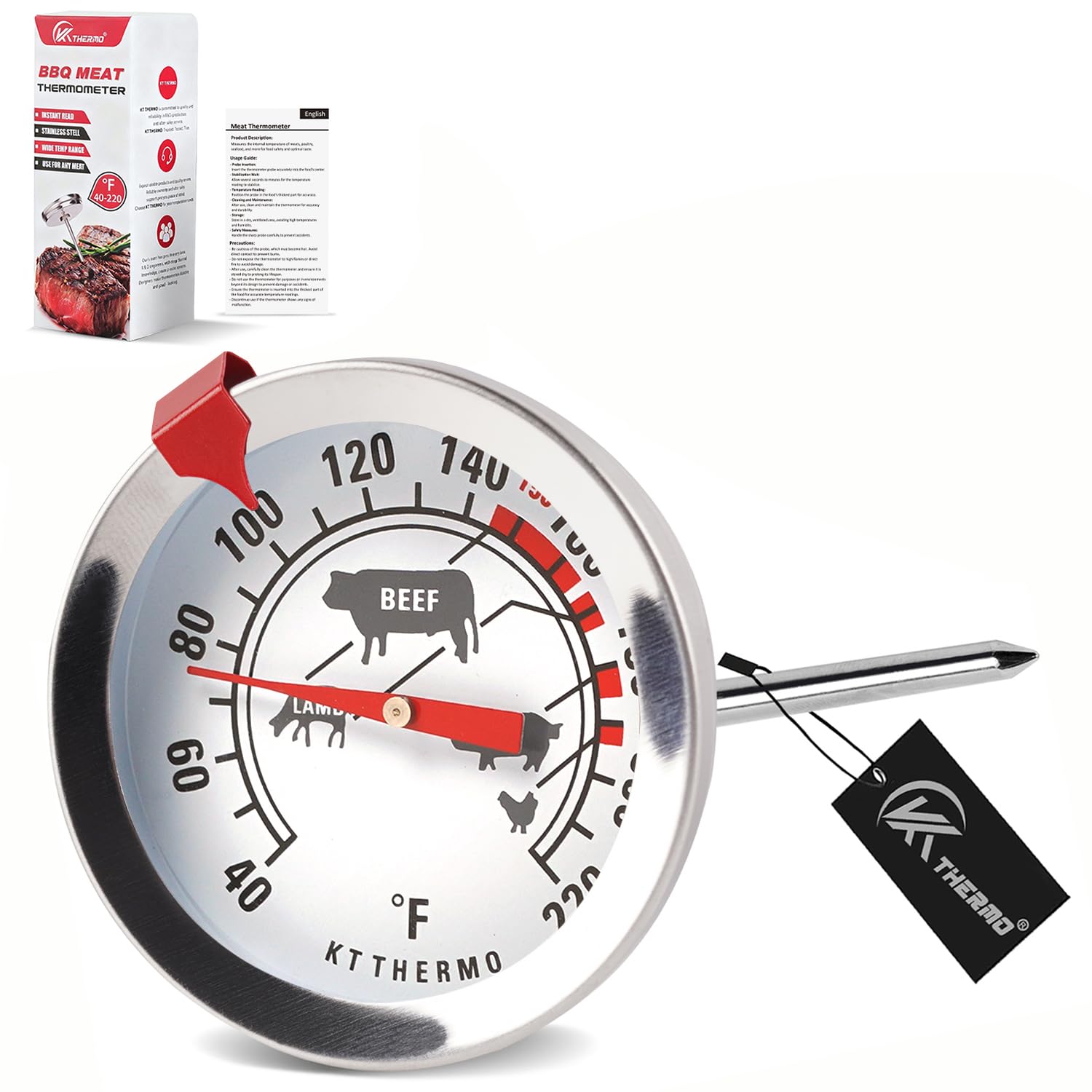 Termometro per carne da 150 a 190 °C, quadrante grande da 5 cm, termometro analogico per alimenti senza batteria, con icone di cottura e indicatore rosso rimovibile