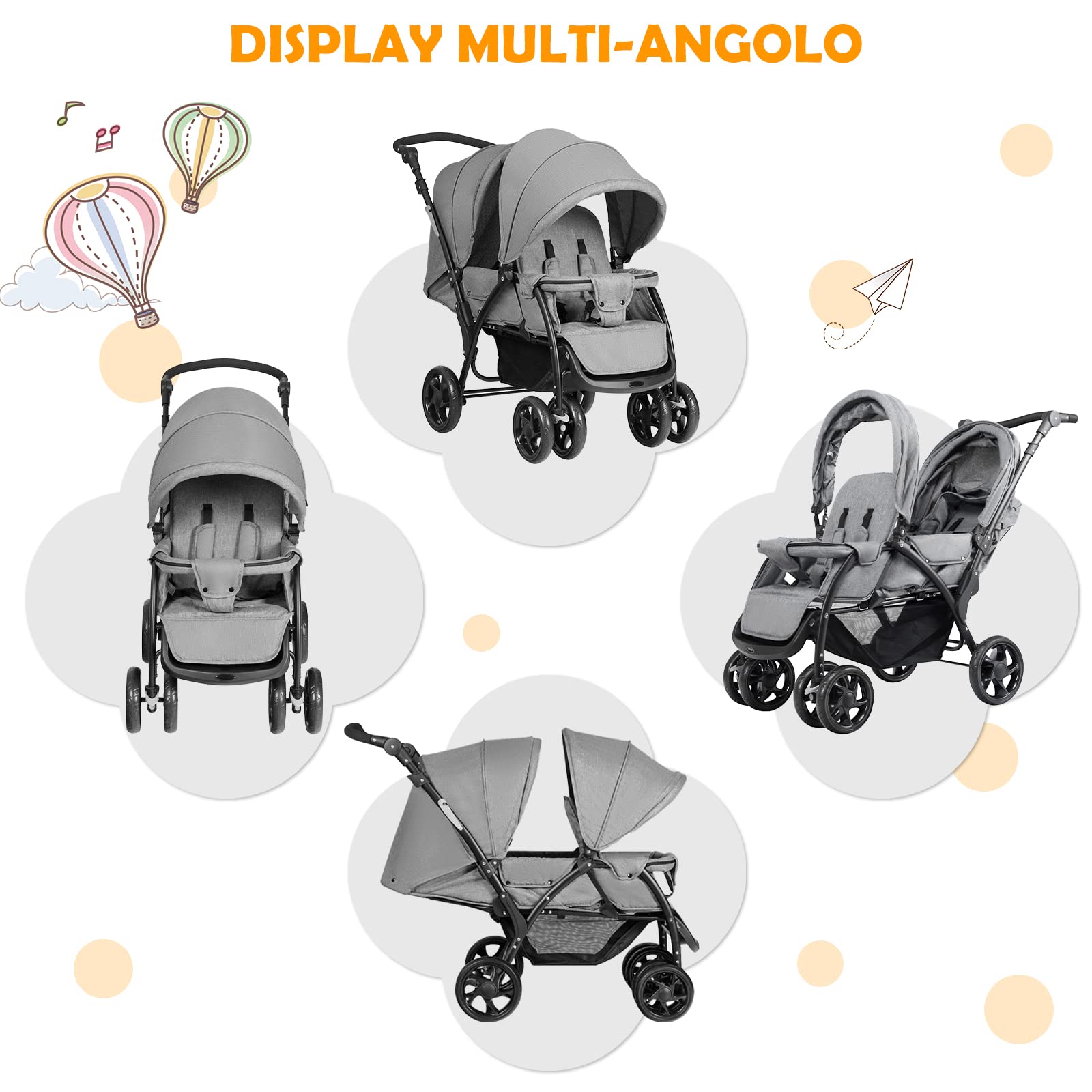 RELAX4LIFE Passeggino Pieghevole Gemellare con Ruote Universali, 2 Cintura di Sicurezza a 5 Punti, 2 Tettoie Regolabili, Maniglia Regolabile per Neonati 0-36 Mesi (GRIGIO)