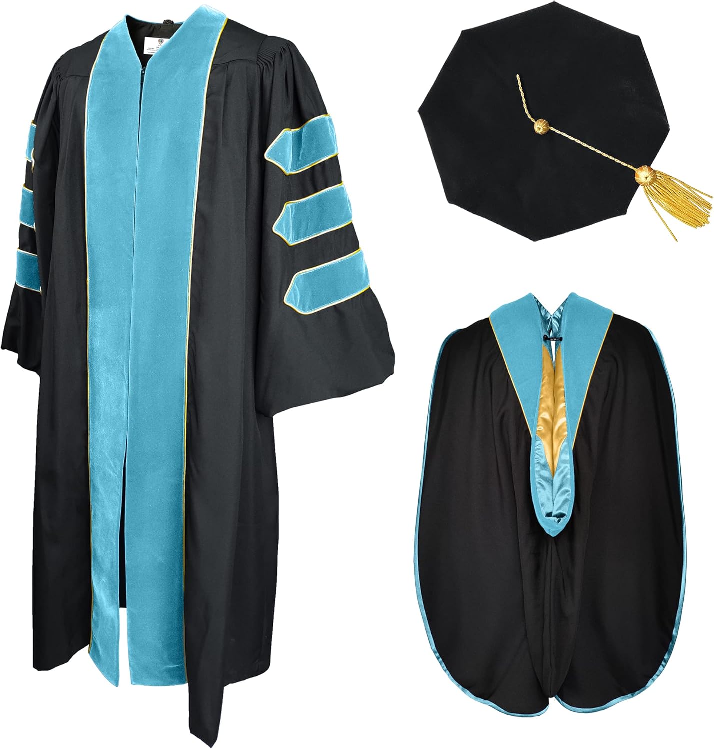 GradPlaza Doctoral Graduation Gown Regalia With University Hood, Gold Piping, and 8-Sided Tam