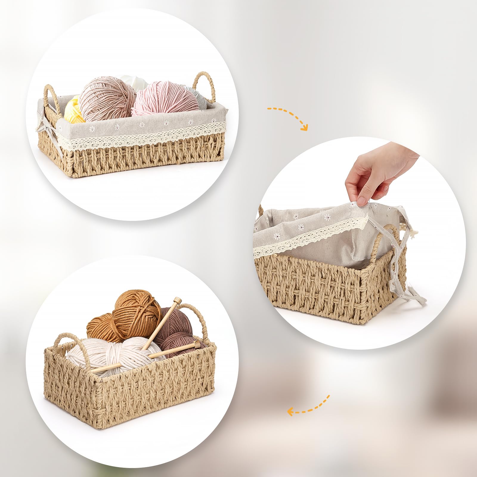 Decorative Storage Baskets, Flymer Round Paper Rope Storage Basket with Handle, Rectangular Wicker Baskets Bathroom Baskets for Organizing, Set of 2