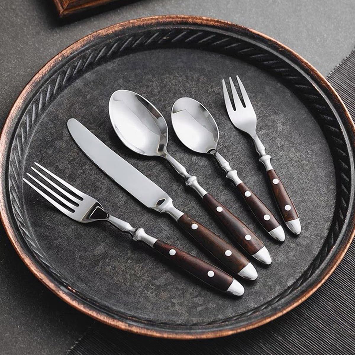 Brown Silverware Set 18/10 Stainless Steel Flatware Set,Luxury Mirror Polished Vintage Riveted Wooden Handle Utensils Cutlery Set for Home Kitchen Restaurant Service for 1 Dishwasher Safe 5 Piece