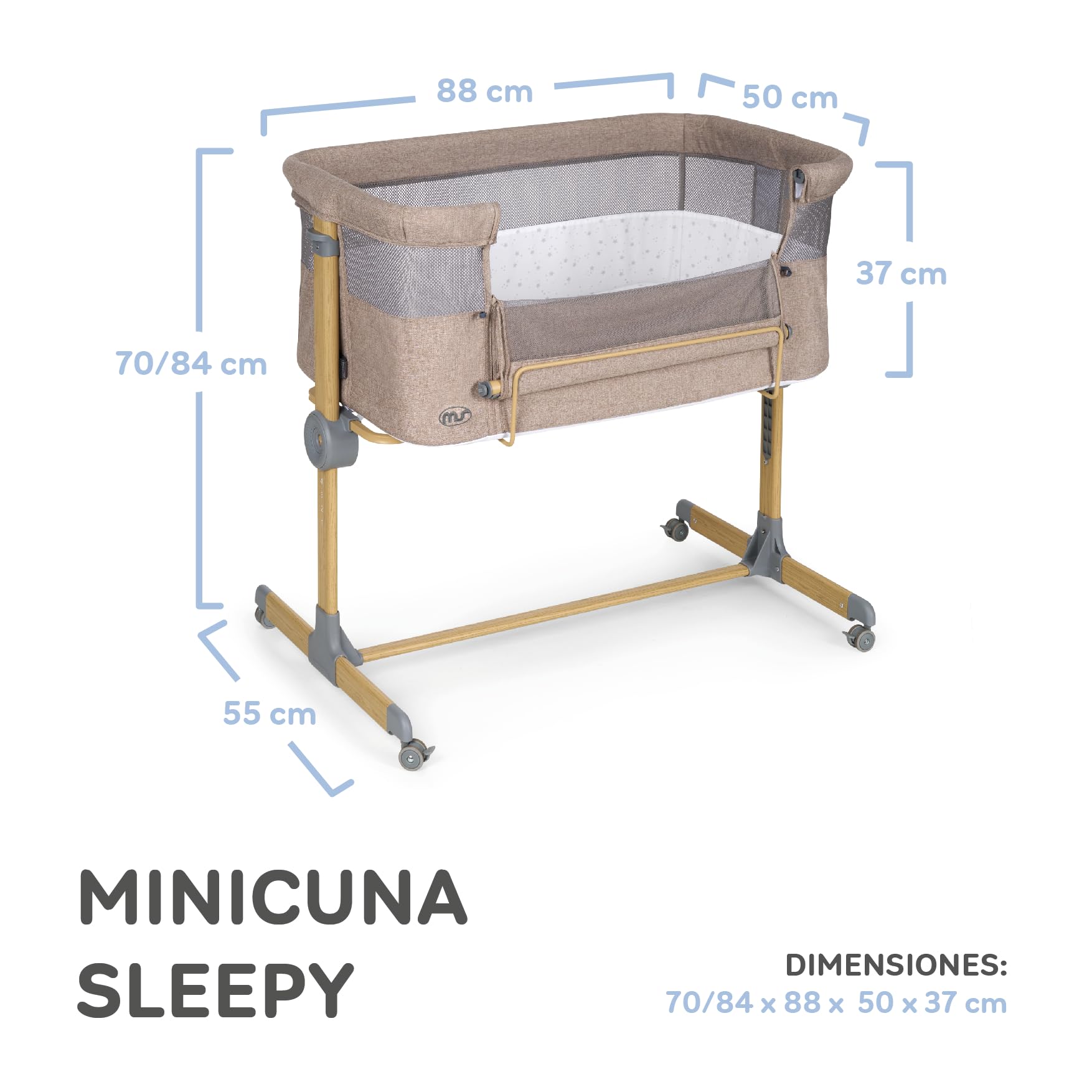 ms Minicla per letto Sleepy - Culla per letto regolabile multi-altezza, reclinabile, paramenti in stile Elephant e zanzariera di serie