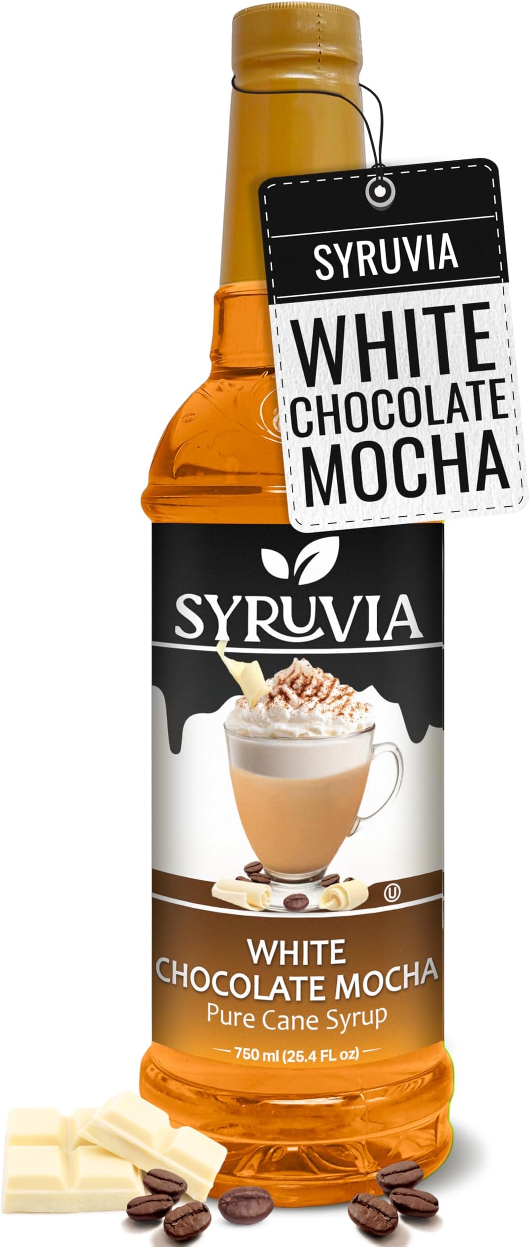 Syruvia Coffee Syrup, White Chocolate Mocha Flavored Syrup for Drinks, Lattes, and Desserts – 25.4 fl oz,