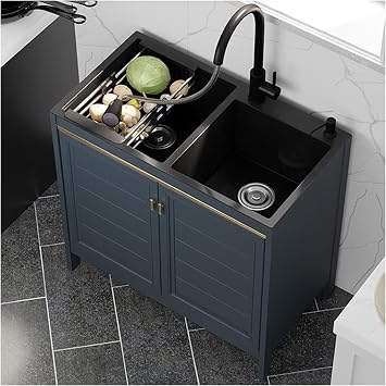 Stainless Steel Utility Kitchen Sink with Cabinet,Outdoor Sink Station,Single/Double Bowl Kitchen Sink Cabinet,Laundry Sink with Cabinet,with Pull-Out Faucet,Soap Dispenser,Drain Basket,Drainer  Siz