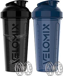 VELOMIX -2 Pack- 28 oz Protein Shaker Bottles for Protein Mixes - 2x Wire Whisk | Leak Proof Shaker Cups for Protein Shakes | Protein Shaker Bottle Pack | Shakers for Protein Shakes-Blue&Black