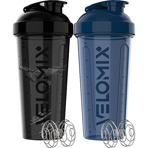 VELOMIX 2 Pack 28oz Protein Shaker Bottle for Protein Mixes, Blue/Black