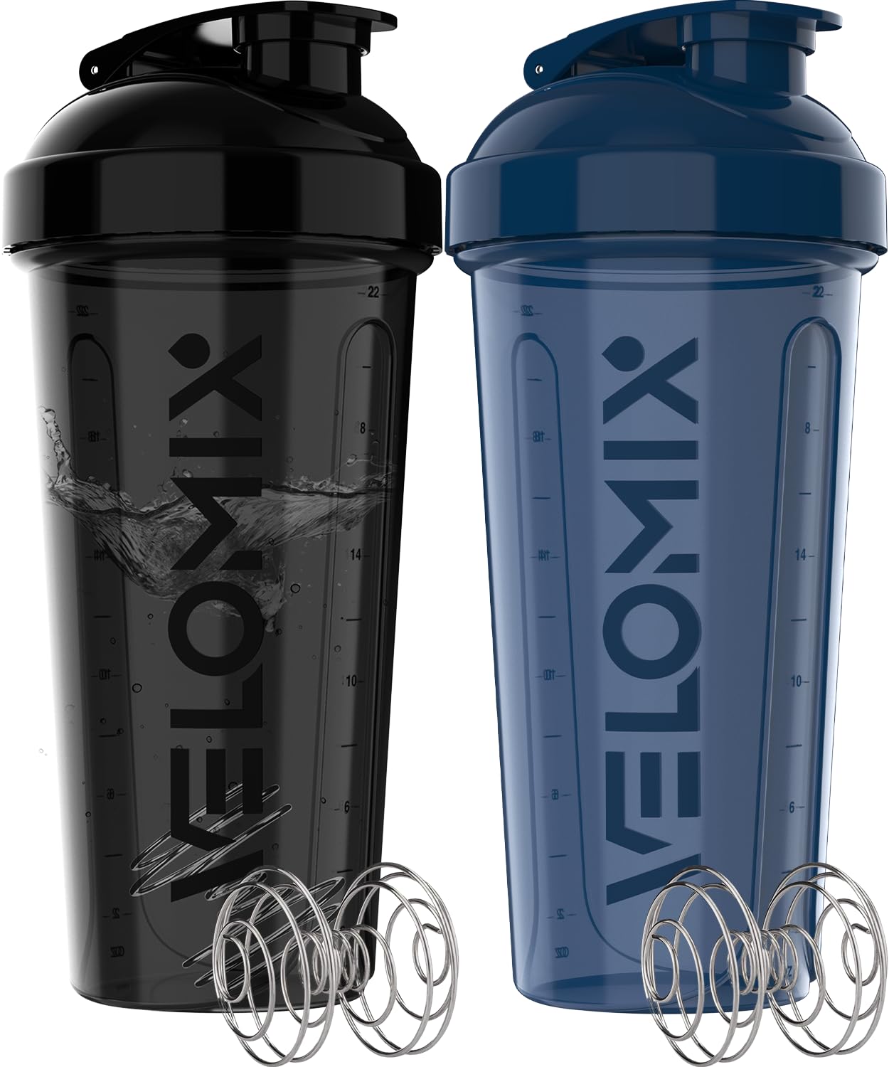 VELOMIX 2 Pack 28oz Protein Shaker Bottle for Protein Mixes, Blue/Black