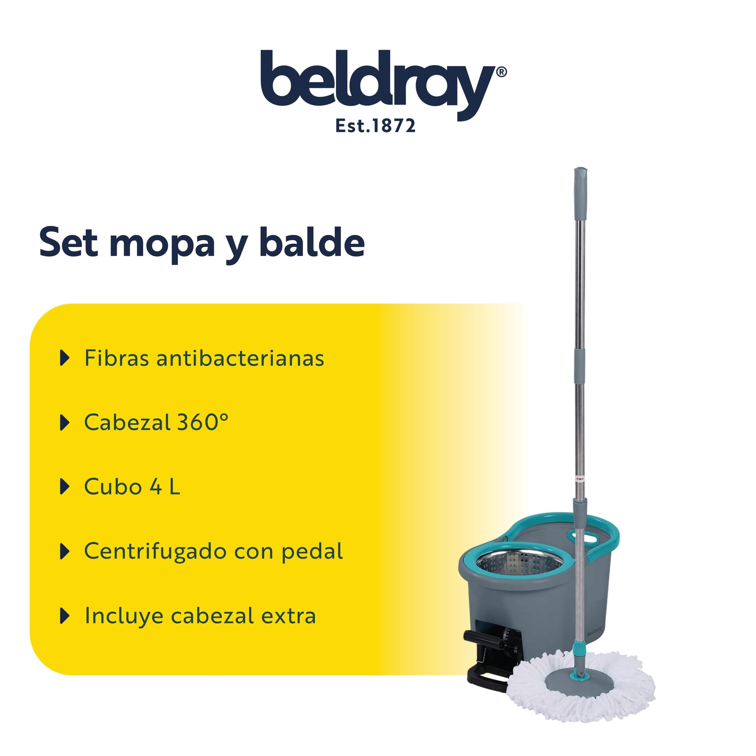 Beldray Juego de trapeadores y Cubos Antibac - Mopa de Hilo de 360°, Cubo de fregona de 4 litros, Sistema de Centrifugado accionado por Pedal, Fibras tratadas antibacterianas, LA036430UFFEU7 | Cubo centrifugado a pedal, 4 l de capacidad, fibras tratadas a