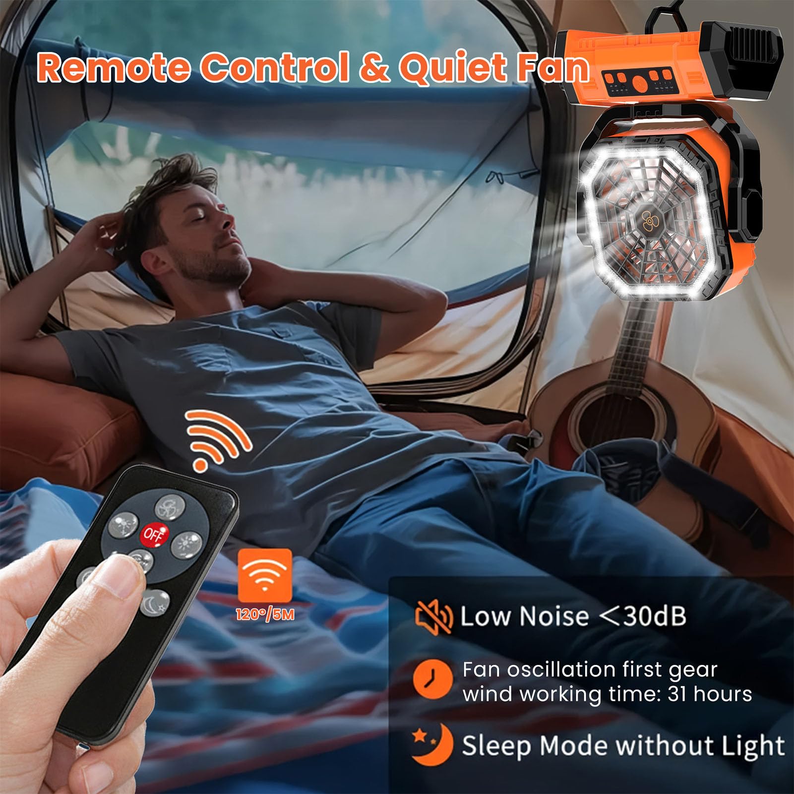 Ventilatore da campeggio con luce LED e telecomando, 4 velocità del, 3 livelli di luminosità, 58 ore di raffreddamento, batteria ricaricabile da 20000 mAh, con gancio per