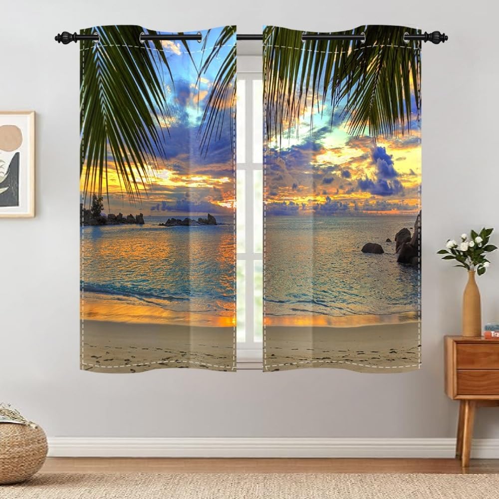 Sunset Beach Window Curtains Summer Tropical Sea Palm Tree Hawaii Scenery Window Drapes for Bedroom Living Room Kitchen Grommet Privacy Blackout Window Treatments 2 Panel Set,21x63inch