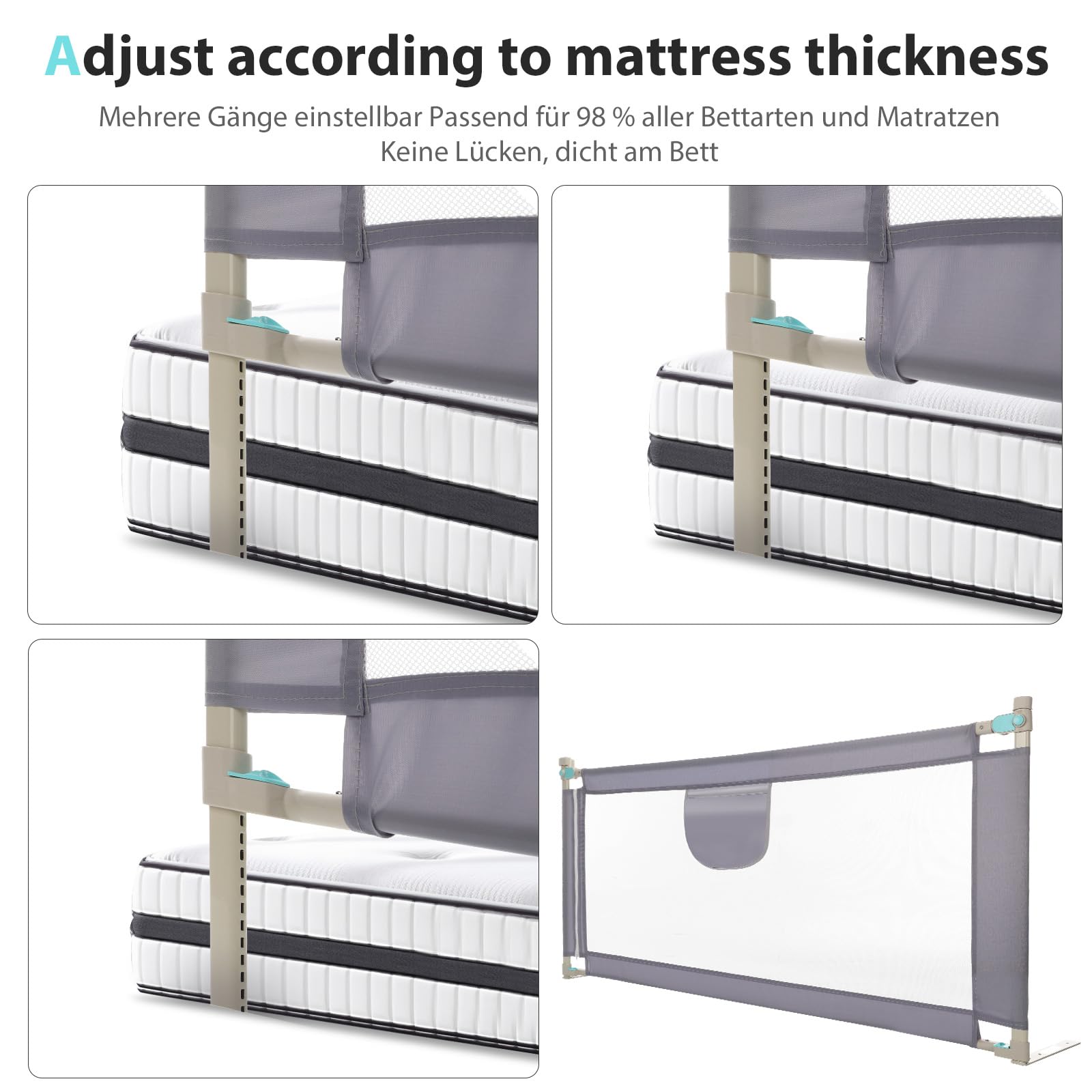 Barrera Seguridad Niños Cama, Barandilla Cama 150/180/200cm, Protección Anticaídas con Malla Transpirable, Barandilla Regulable en Altura 69-98 cm, Pasamanos con Bolsillo Lateral, Apto para Boxspring — view 5