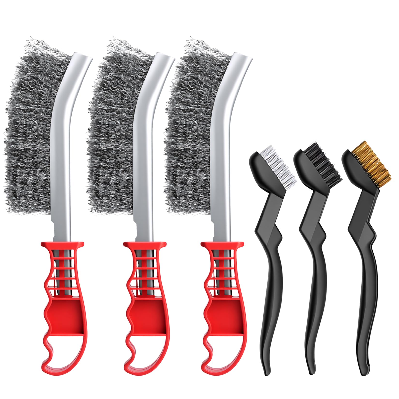 Set di 6 spazzole in filo metallico, set di spazzole a mano, 3 grandi spazzole in acciaio inox, 3 piccole spazzole in nylon di ottone, spazzola metallica per rimuovere ruggine, vernice e scorie di