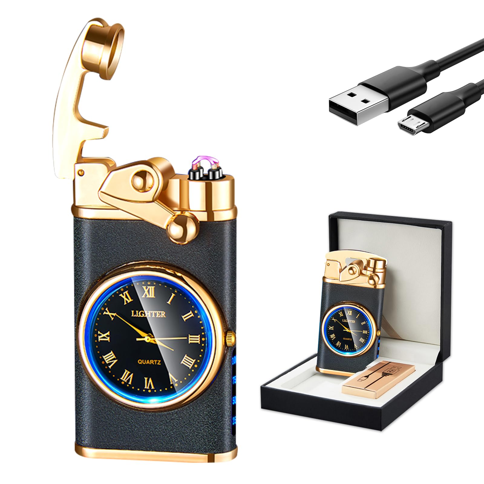 GADATOP Electric Lighter Rechargeable USB Lighter Flameless Windproof Lighter Personalized Creative Rocker Double Arc Plasma Lighter with Luminous Dial LED for Men and Women Gifts (Matte Black)