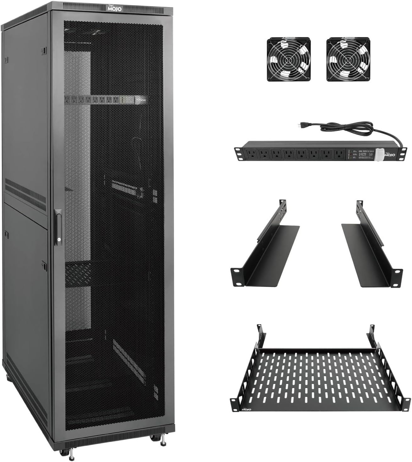 Tecmojo 42U Server Rack Network Cabinet with PDU, Cooling Fans, Rack Rails, Shelf & Casters Locking Data Cabinet Enclosure for 19″ Server, Networking, AV, IT Equipment, Mesh Door (42U 23.6″w*31.5″d )
