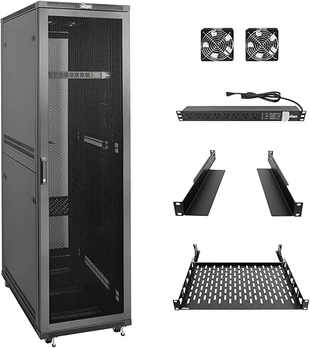 Tecmojo Gabinete de red para rack de servidores de 42U con PDU, ventiladores de refrigeración, rieles de rack, estante y ruedas con bloqueo de