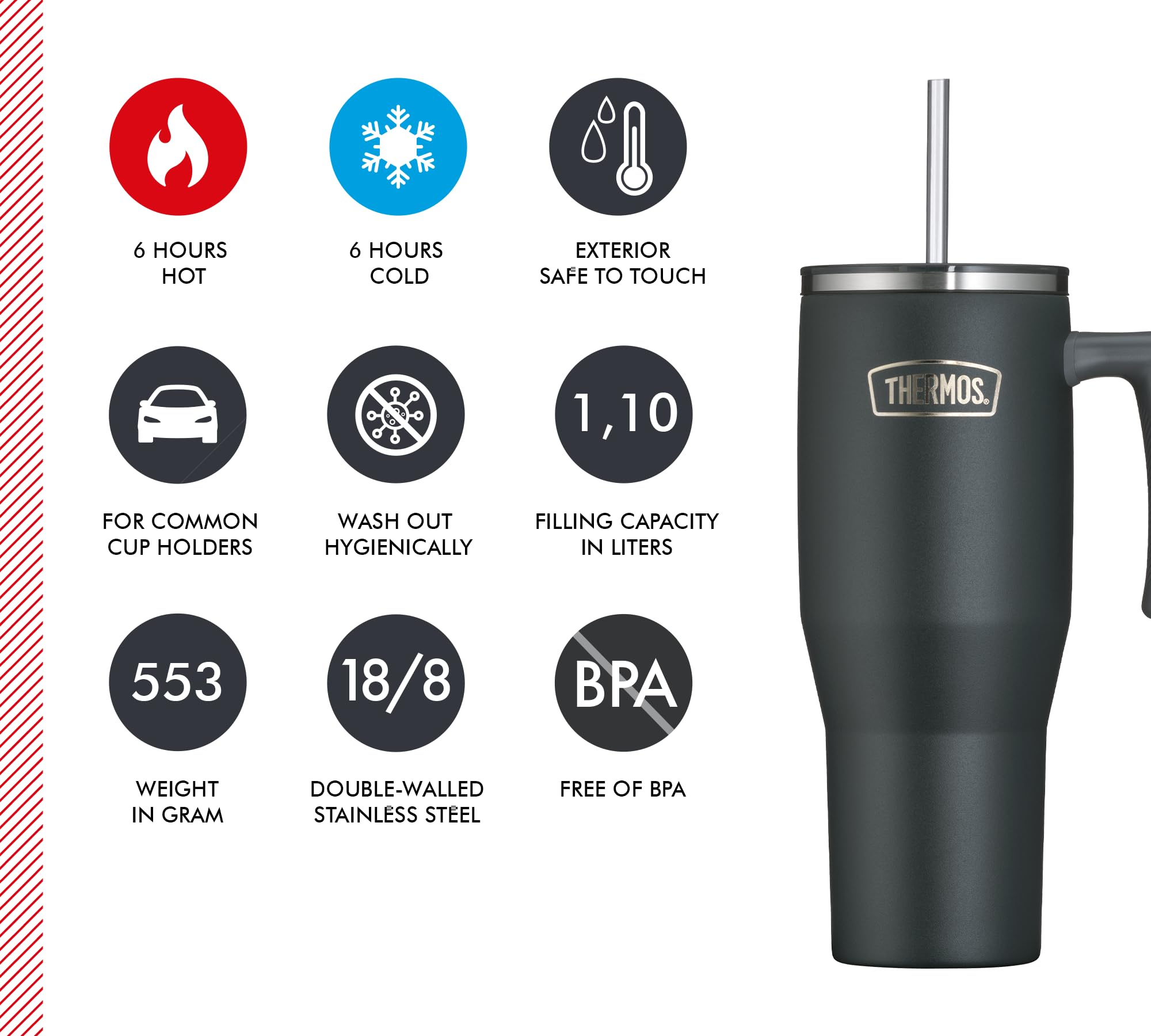 Thermos Refreshing Series kubek izolacyjny 1,1 l, czarny, matowy, ze słomką i uchwytem, do podróży, pracy lub domu, neutralna smakowo stal nierdzewna z podwójnymi ściankami