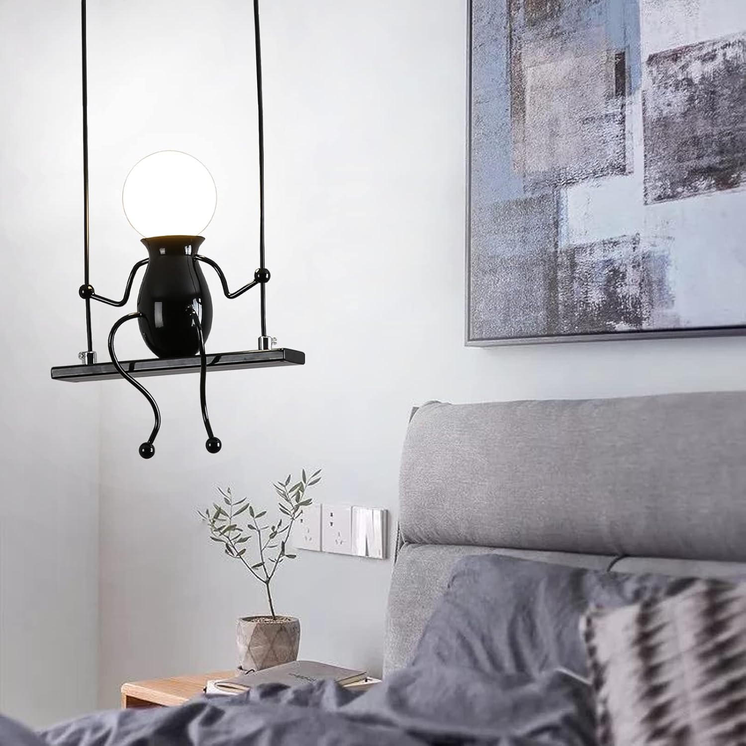 Creative LED Pendant Lighting Modern Little People Ceiling Pendant Light Fixture Adjustable Hanging Lights Kitchen Island Iron Cartoon Doll Chandeliers Bedrooms 1×E26 Baking Paint (Black, One)