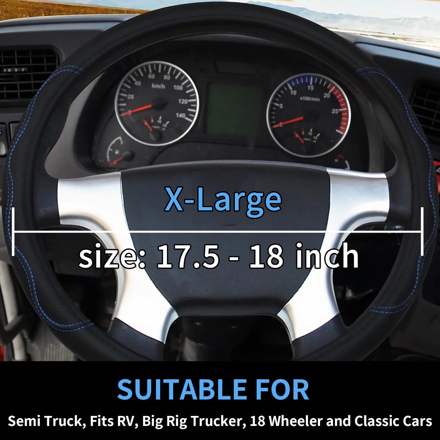 18-Inch Black Leather Truck Steering Wheel Cover - Anti-Slip Grip & Breathable XL Design for Semi Trucks, RVs, Big Rigs, and 18 Wheelers (Fits 17.5-18 inches) (Blue Stitching) - Image 3