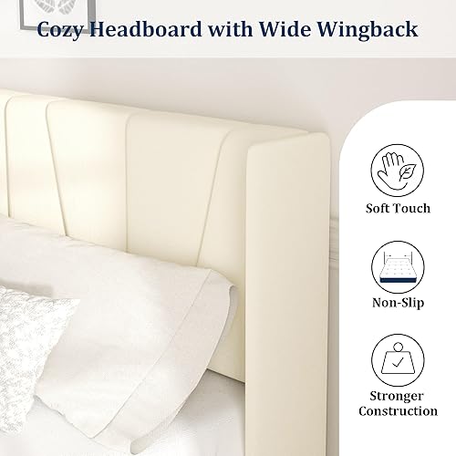 Miniatura 4 de Base de cama tamaño Queen con cabecera, cama tamaño Queen tapizada en terciopelo con plataforma y respaldo, base de colchón con soporte de listones