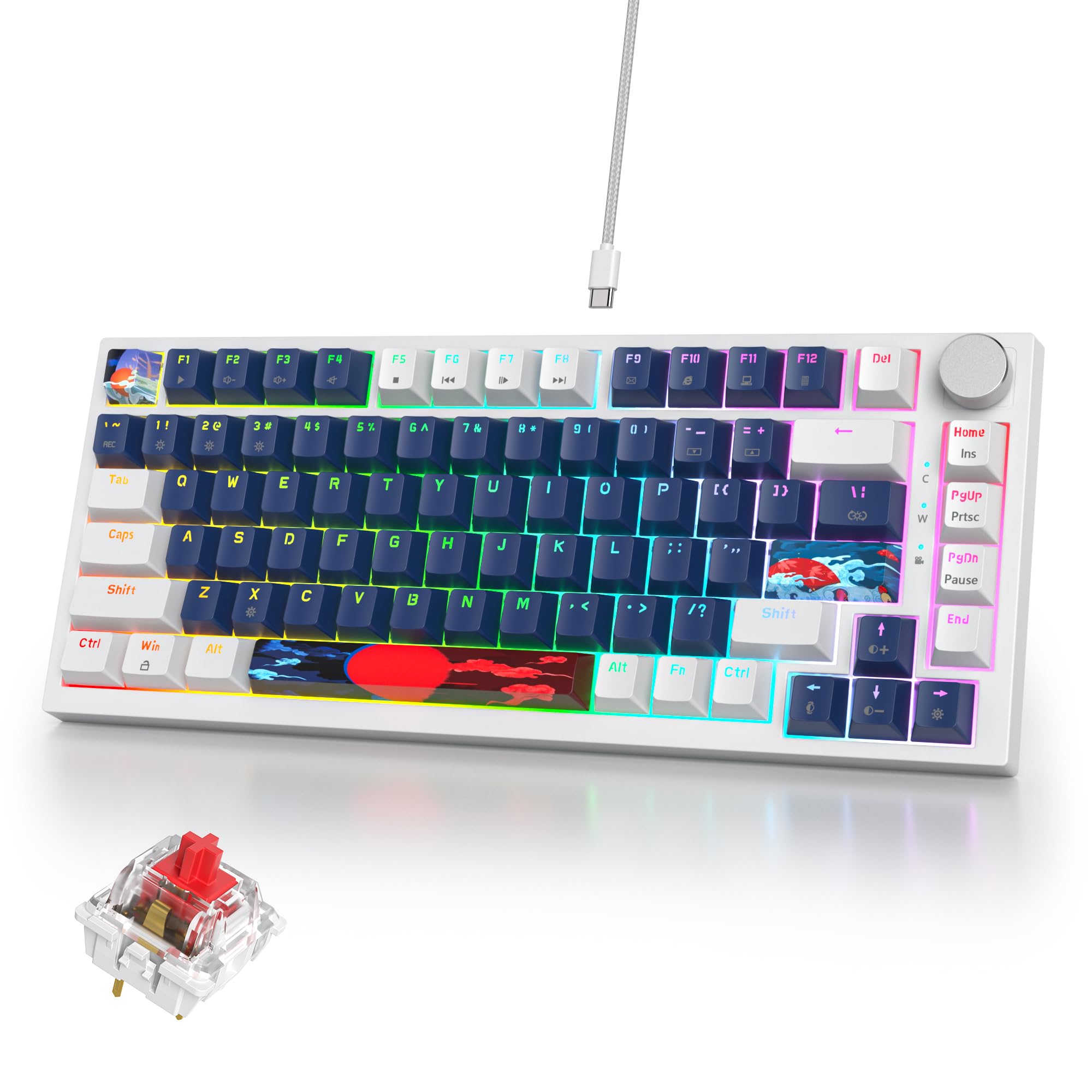 75% Mechanical Gaming Keyboard, Hot Swappable RGB Backlit Custom Keyboard with Knob, Gasket Mount USB Wired, 82 Keys White Blue Linear Red Switch (82 White Blue)