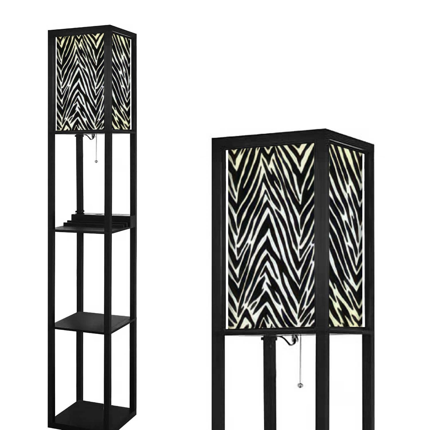 Abstract Print Animal Seamless Tiger Skin Fur Texture Black White Floor Lamp with Shelves USB Port & Outlet Linen Lampshade Corner Standing Lamp Modern Bedside Tall Floor Lamp for Living Room