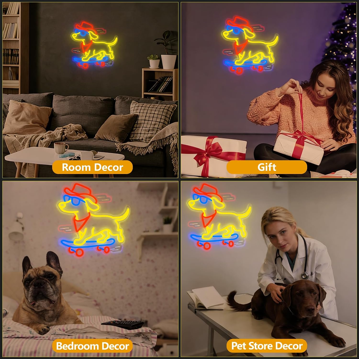 Dachshund Skateboarding Neon Signs for Wall Decor, Cute Dog with Cowboy Hat Led Light Up Sign for Pet Shop Bedroom Home Party Decor, Dimmable Animal LED Sign for Birthday Christmas Gifts