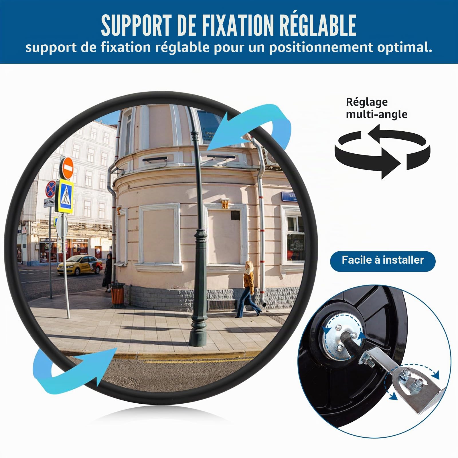 Miroir de Circulation Convexe, 30 cm Réglable Miroir de Sécurité Routière pour Garage, Trafic, Allées, Entrepôts, Magasins