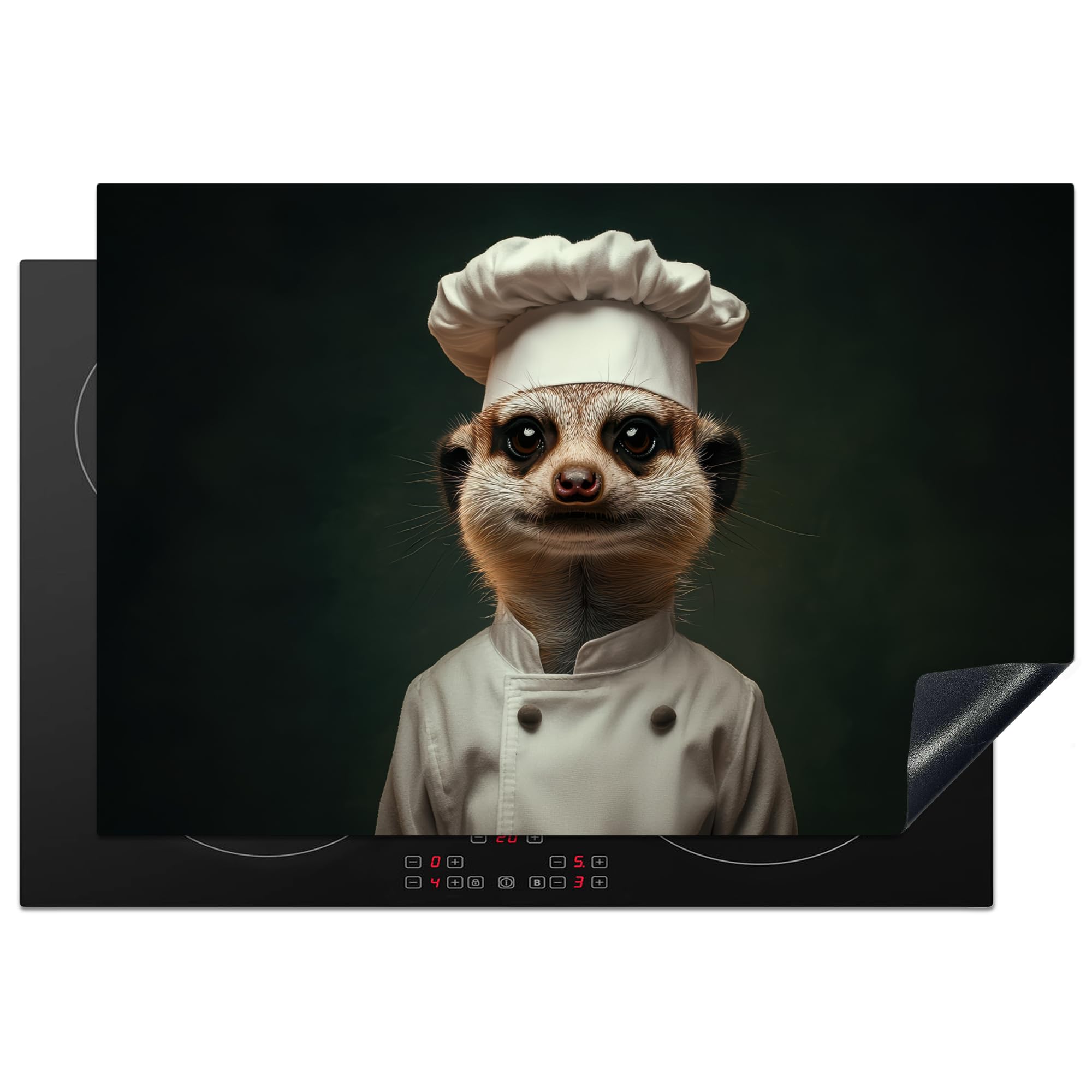 KitchenYeah© Induction Hob Cover Protector Mat 20.3"x29.9" / 76x51.5 cm Kitchen Universal Ceramic Covers for Electric Cookers Vinyl Animal - Chefs Hat - Meerkat