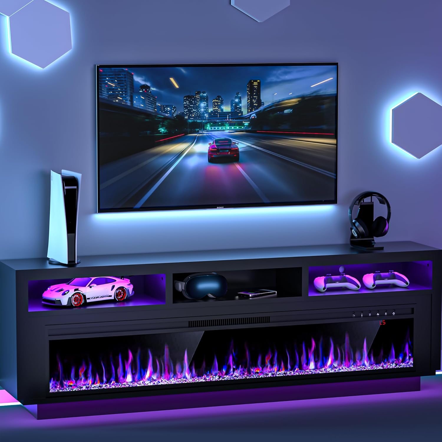 Spurgehom 58" Fireplace TV Stand for TVs Up to 65" with 52" Electric Fireplace, TV Console for The Living Room, LED Light Entertainment Center, Storage Cabinet, Media Console Table, Black