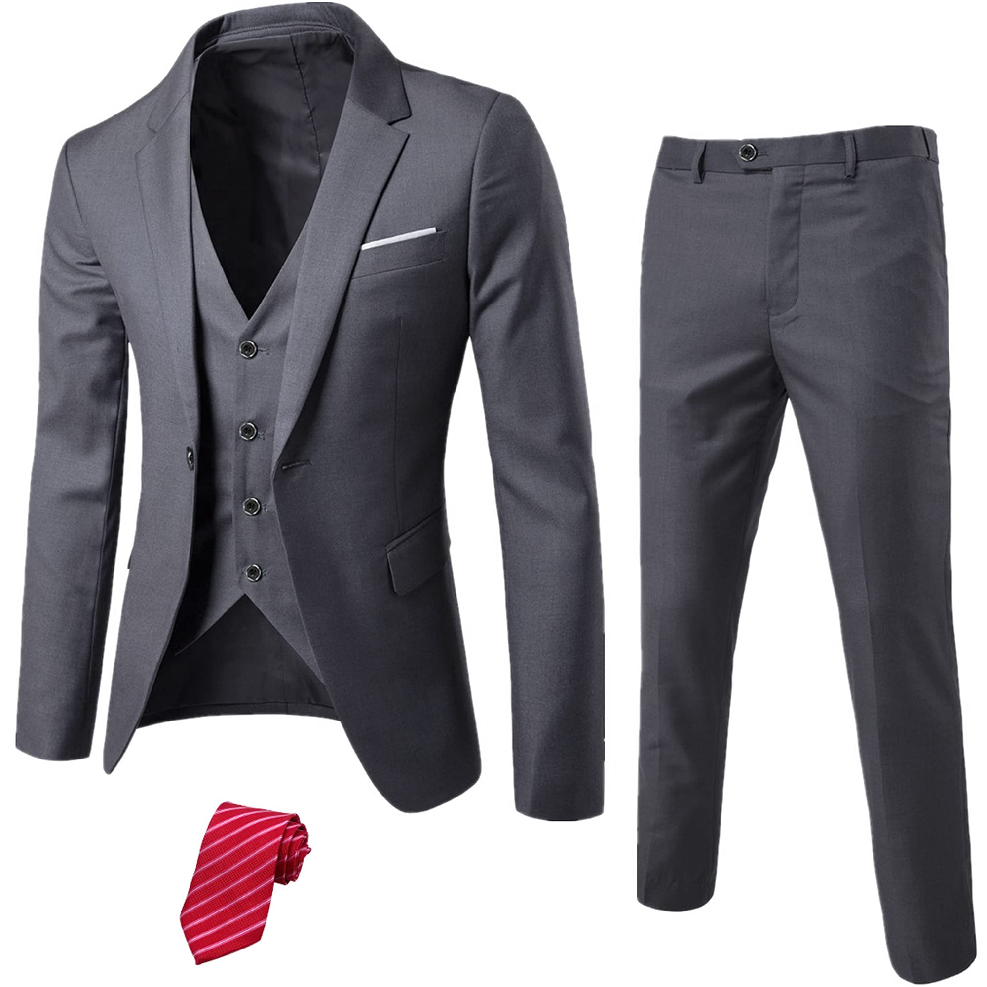MrSure Men’s 3 Piece Suit Blazer, Slim Fit Tux with One Button, Jacket Vest Pants & Tie Set for Party, Wedding and Business