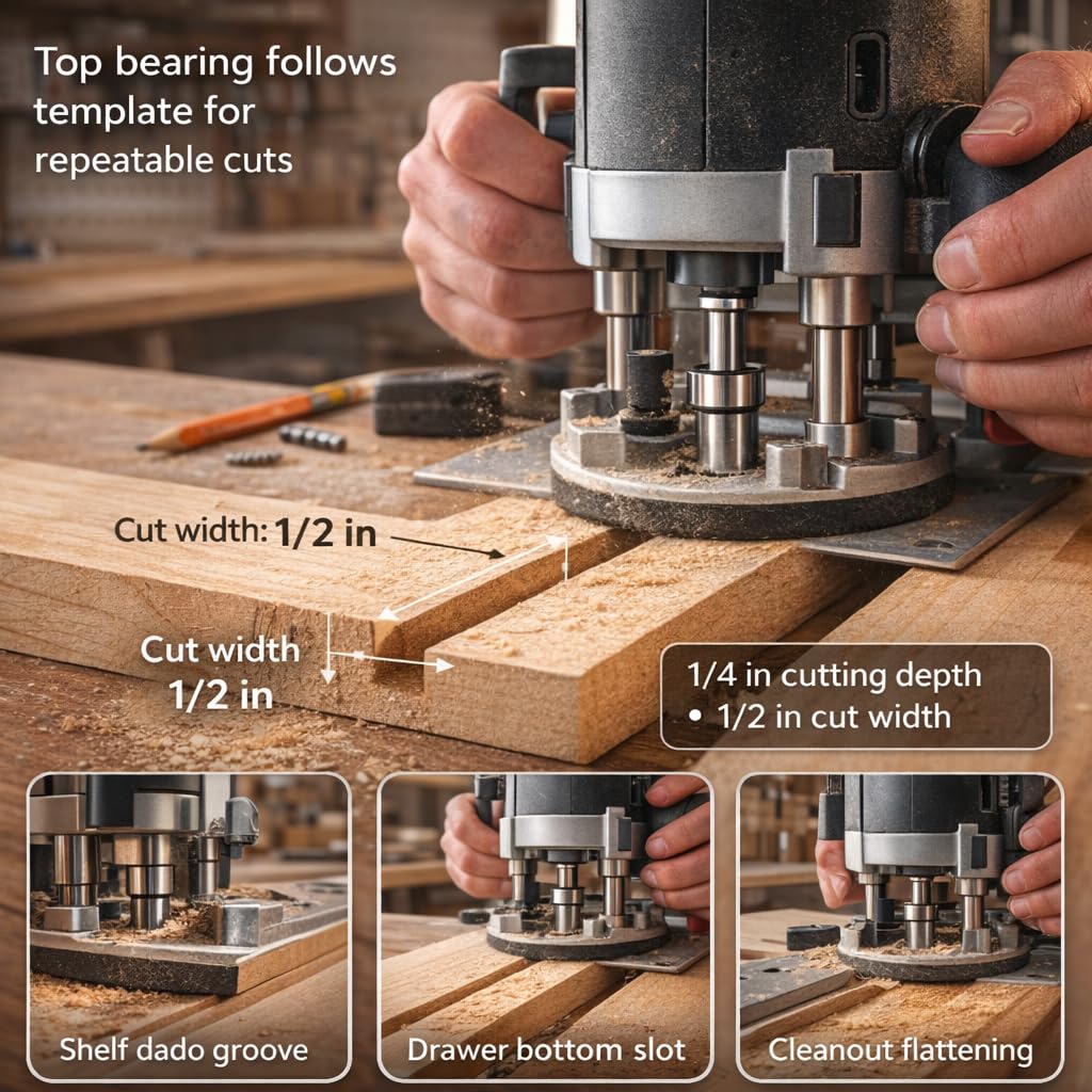Flush Trim Template Router Bit 1/4" Shank with Top Bearing, 1/2" Cutting Diameter, 1/4" Cutting Length, Carbide Tipped Double Flute Pattern Router Bit for Woodworking, Dado Cleanout & Hinge Mortising