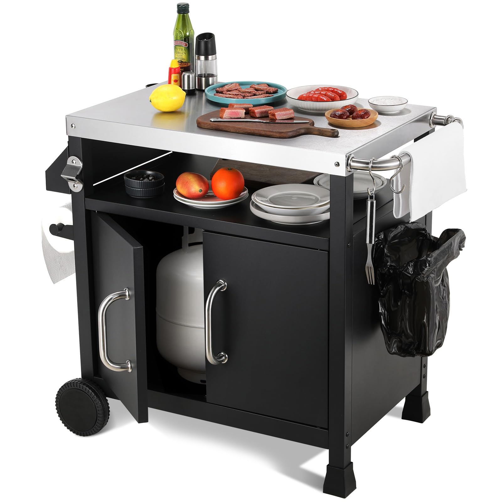 LIFERUN Carrito para Barbacoa Inoxidable,Carro de Barbacoa con Armario 2 Ruedas Ganchos,Carrito de Servicio Exterior,Mesa Auxiliar BBQ,Carro Cocina Superficie Trabajo Tnox,Picnic Fiesta Jardín Camping