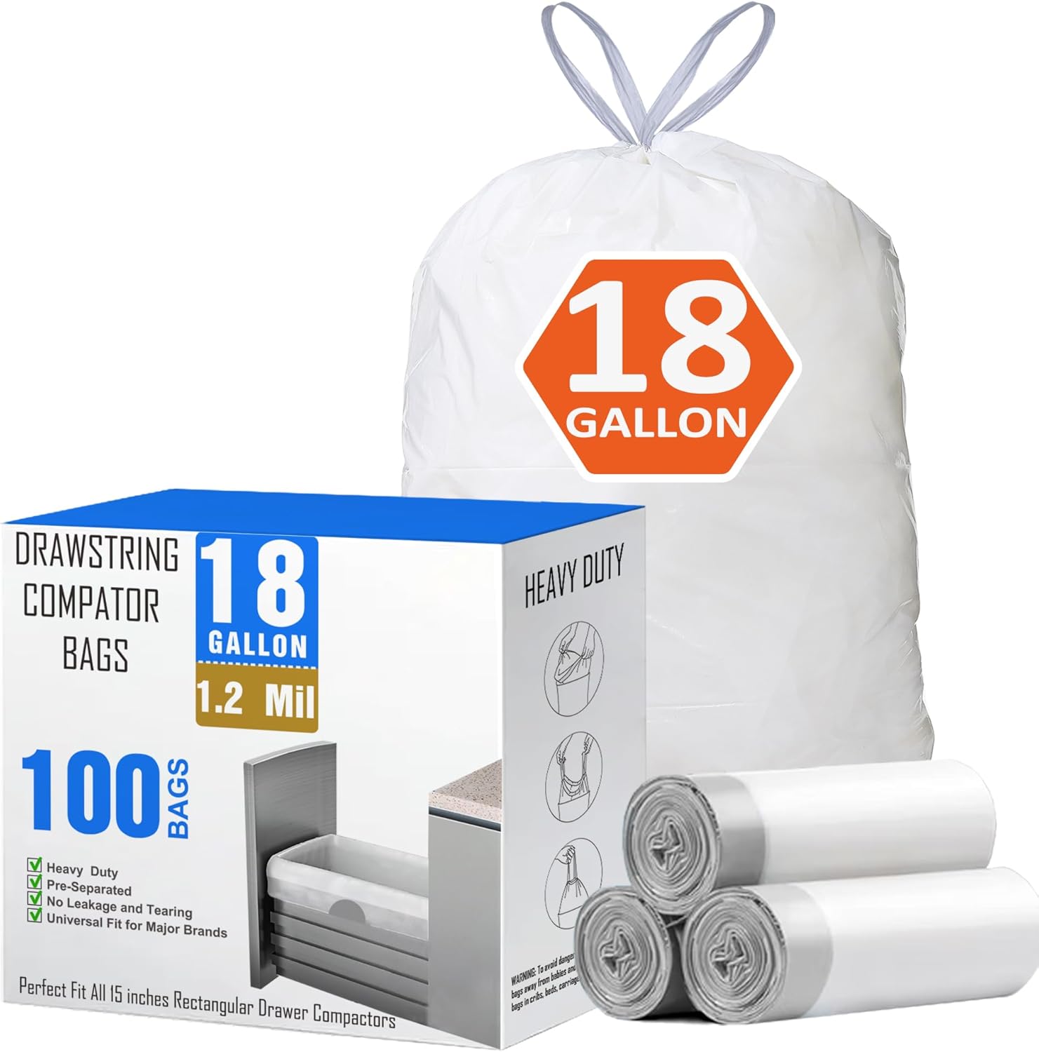 18 Gallon Drawstring Compactor Kitchen Trash Bags 100 Count 1.2 Mil Heavy Duty Garbage Bags Fit for 18 Gallon & Most Kitchen Compactors | Compatible with Kitchenaid, Whirpool, GE 15 Inch Compactors