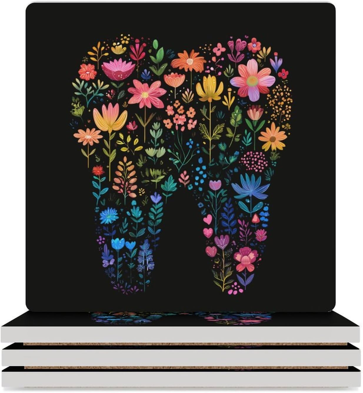 Tooth Floral Colorful Dental Dentist Coaster for Drinks Square Ceramic Table Coasters Stone Mat Crafts 4PCS Home Kitchen Decor