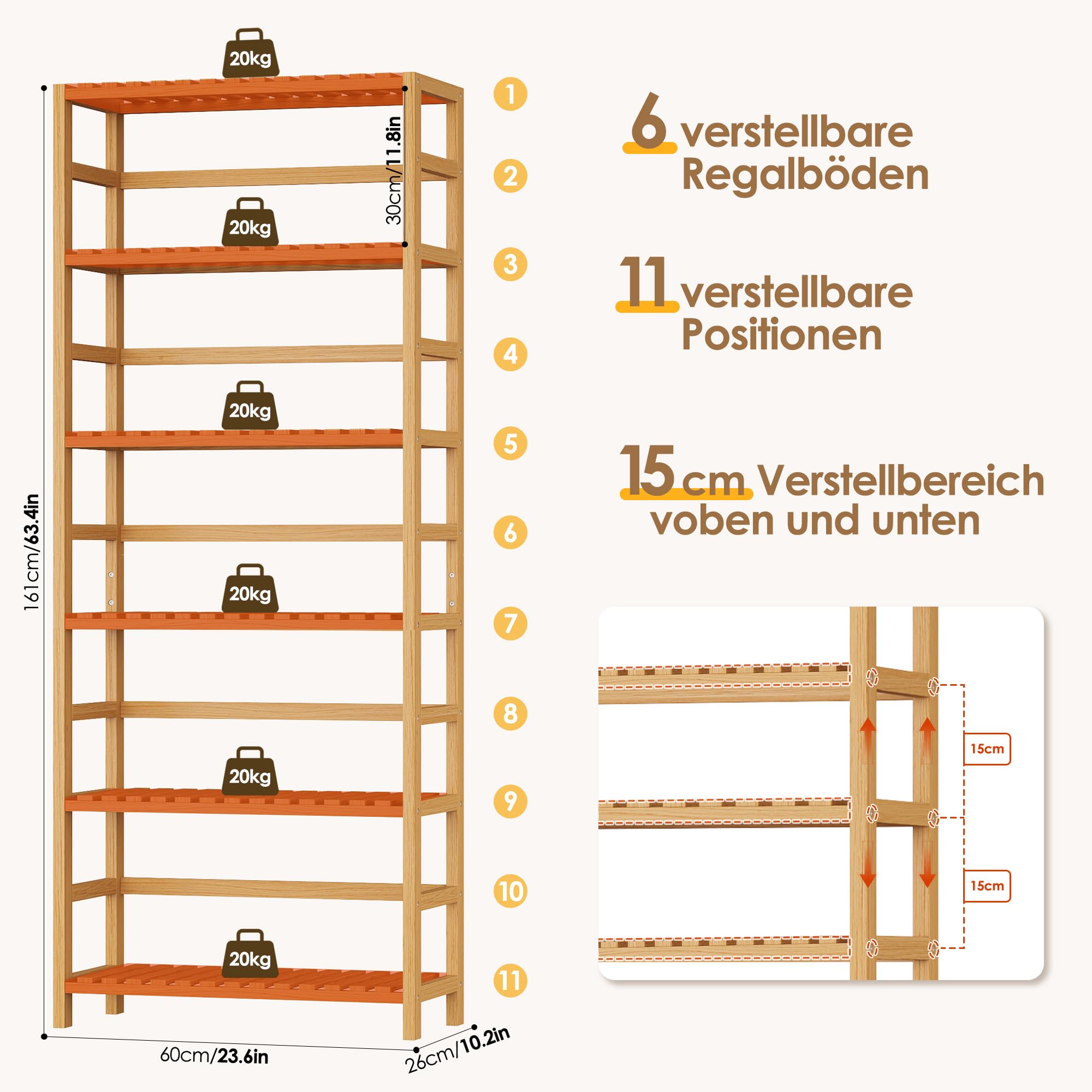 FOREHILL Badregal aus Bambus, Küchenregal mit 6 Ablagen, Badezimmer Regal | Badregal mit verstellbare Regalhöhe, Standregal, Badezimmer Regal stehend, schmal Bambusregal 161x60x26 cm Natur