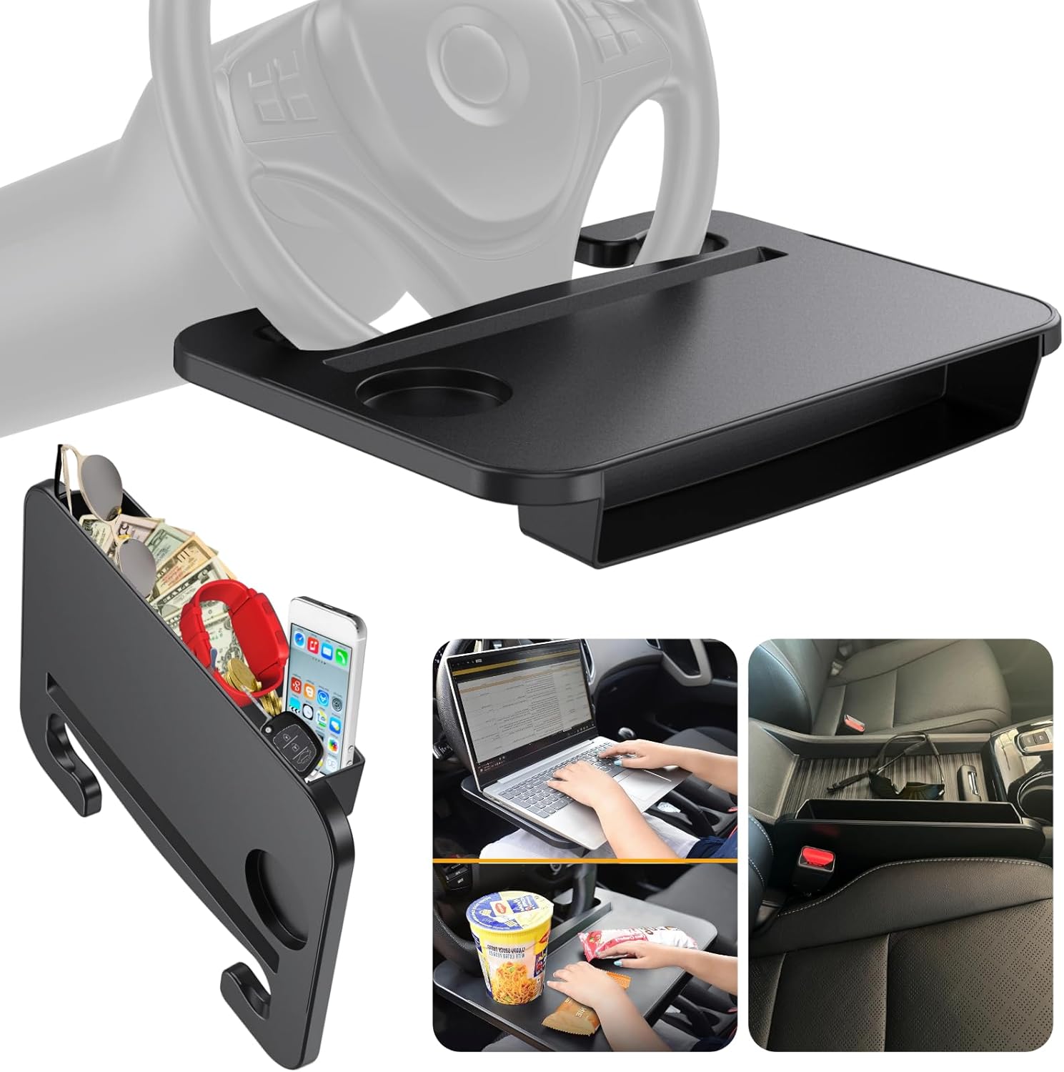 2-in-1 Car Steering Wheel Tray | Car Seat Gap Filler Organiser | Car Tray Table for Food | Car Desk Laptop Holder | Gifts for Lorry Work Van Drivers Accessories | Car Gadgets for Men Women