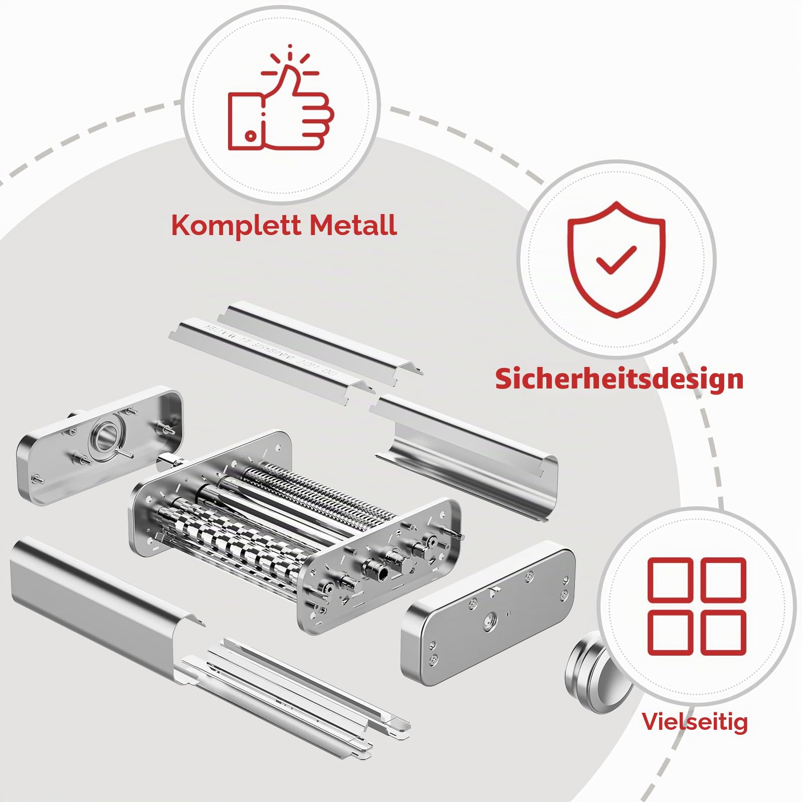 Gvode 3-in-1 Edelstahl Nudelaufsatz für KitchenAid Standmixer & Artisan, Pasta Zubehör für KitchenAid Set mit Nudelwalze, Spaghetti-Fettuccine-Schneider, 8 Dickenstufen & Edelstahl Führungsblech