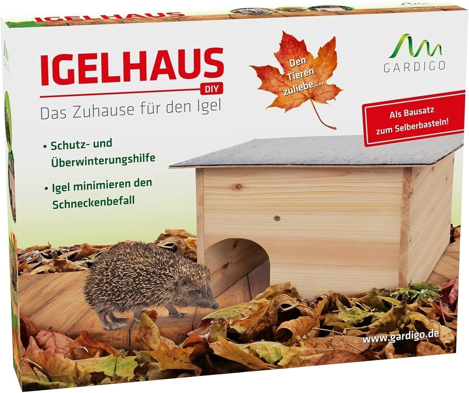 Gardigo® Casa para Erizos DIY - Kit de Madera | Techo Resistente a la Intemperie, Entrada Laberinto - 48×29×38 cm | contra Depredadores | Hogar para Erizos de Jardín | Refugio para Puercoespines