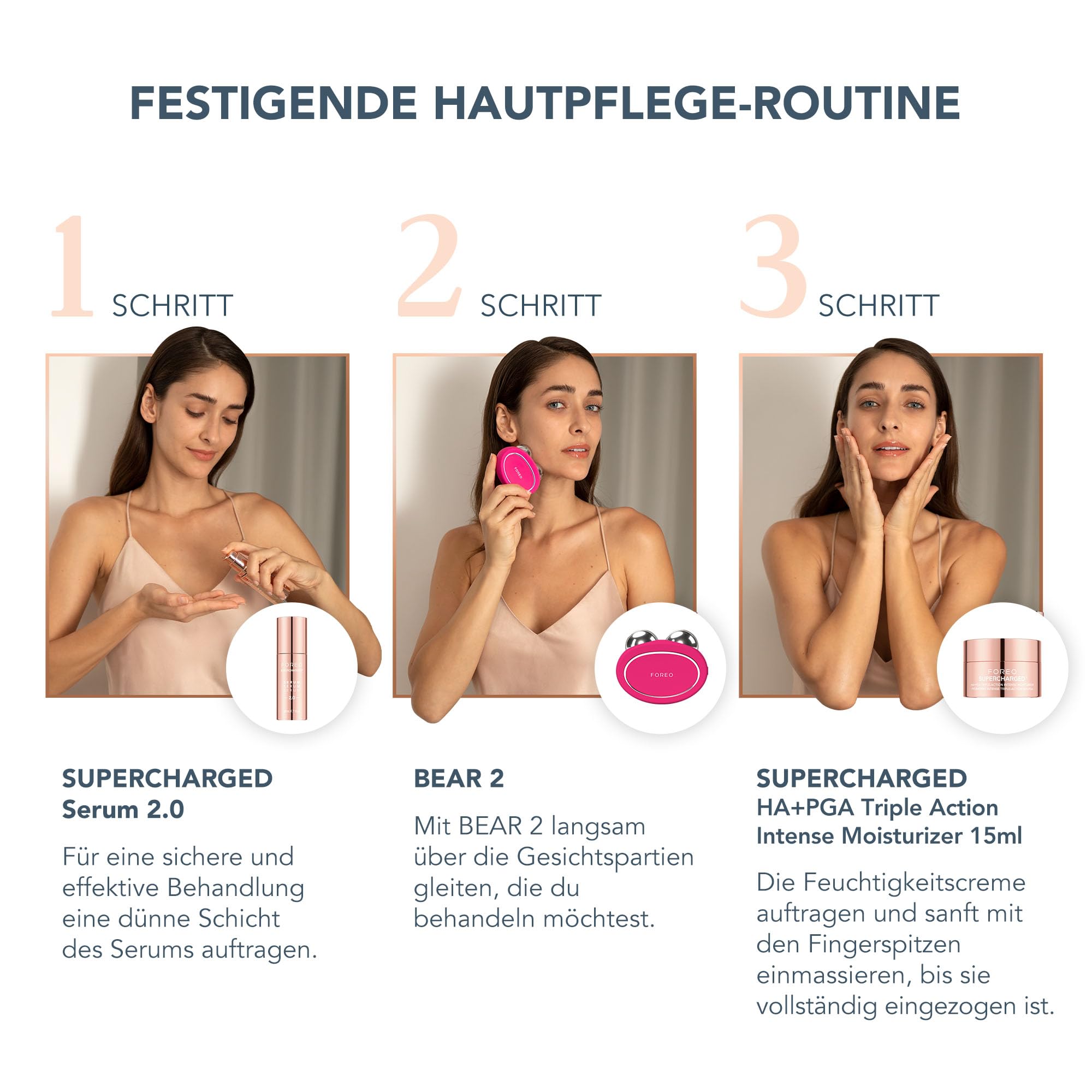 FOREO Total Facelift Set - BEAR 2 Fuchsia Mikrostrom-Gesichtsmassagegerät + SUPERCHARGED SERUM 2.0 30 ml + SUPERCHARGED HA+PGA Intensive Feuchtigkeitspflege mit 3X Wirkung 50 ml - Anti-Aging