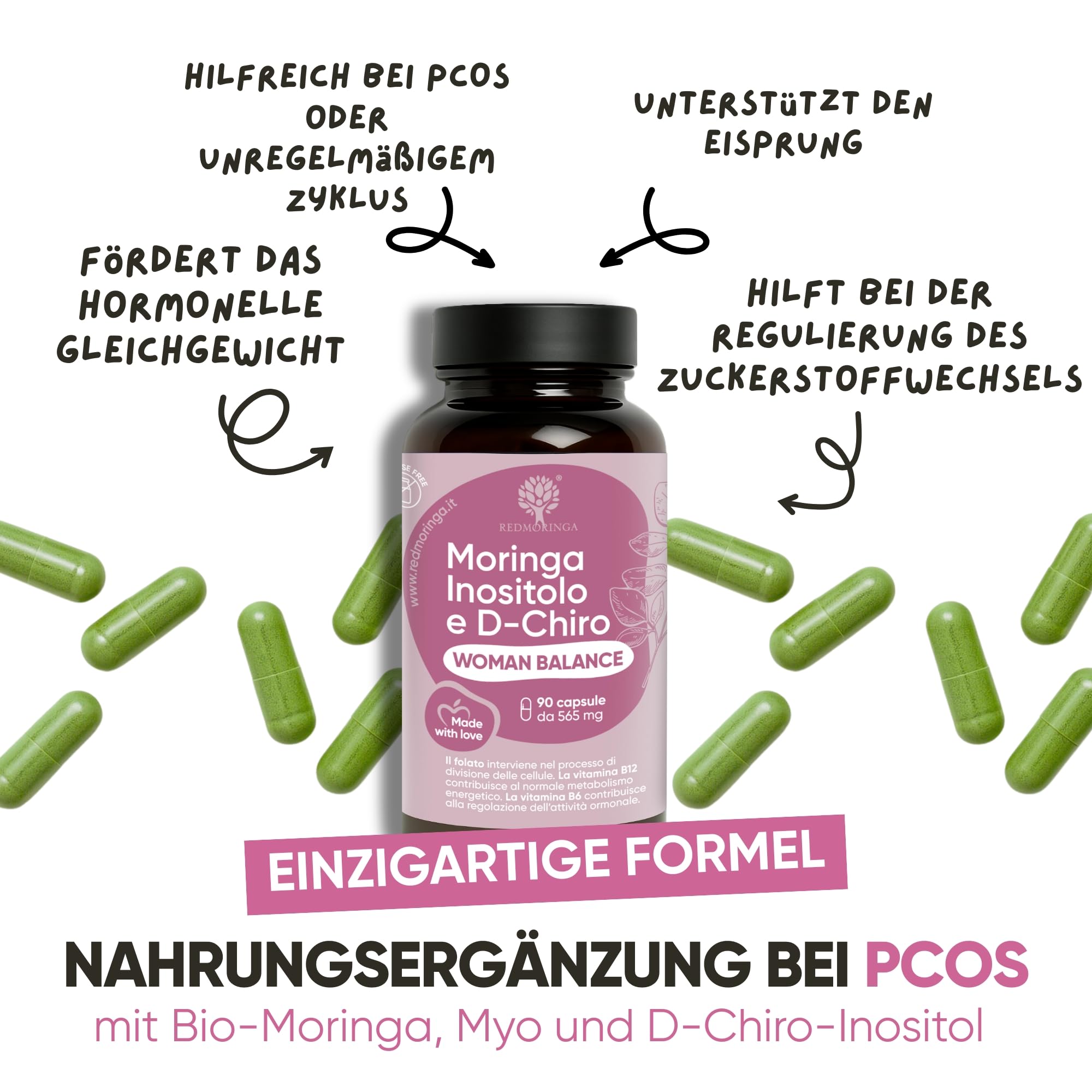 Women Balance PCOS Formula mit Myo Inositol & Bio Moringa Vitamin B Komplex mit B12 & B6 & Folsäure - Unterstützt Hormonhaushalt & Menstruationszyklus - 270 Kapseln