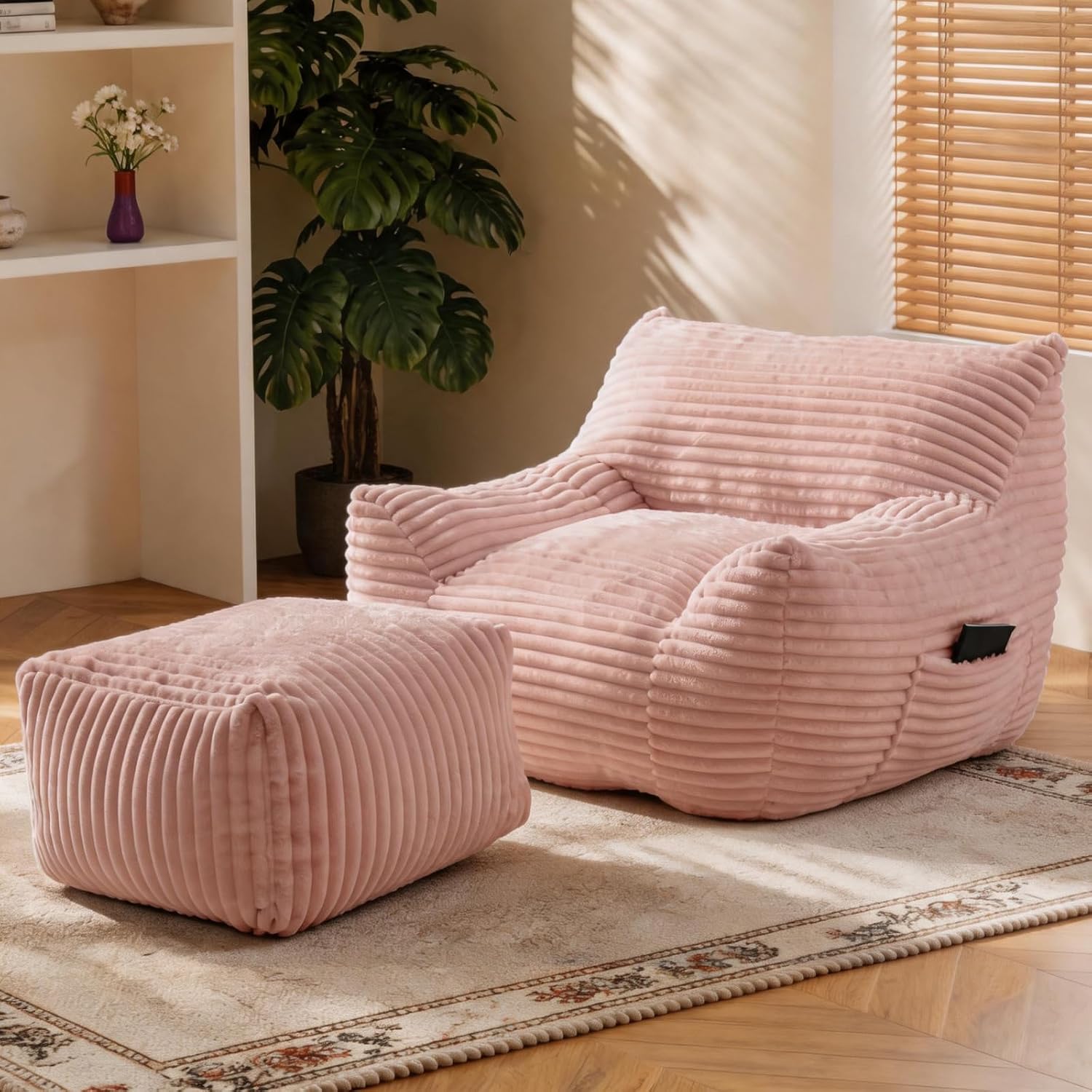 Oversized Bean Bag Chair with Ottoman, Bean Bag Couch with 2 Side Pockets, Corduroy Boneless Couch Chair in a Box, Comfy Lounge Chair for Living Room, Bedroom, Dorm, Pink