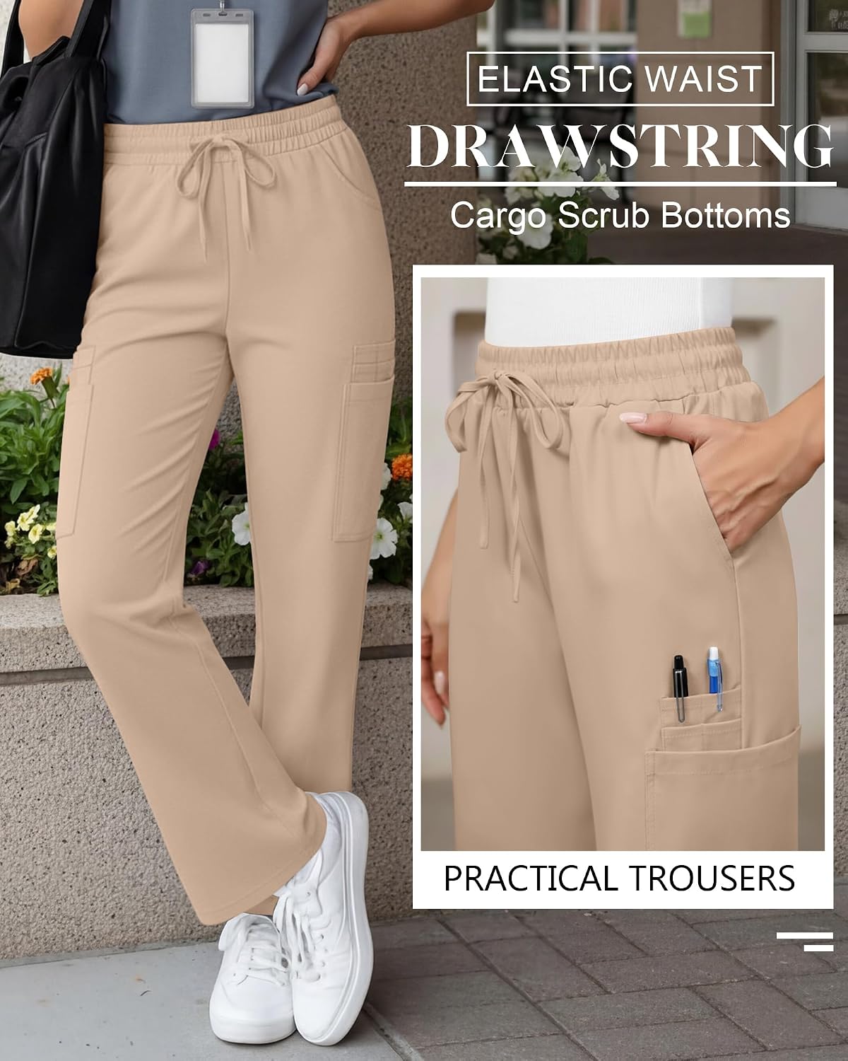 Women's Scrubs Pants Elastic Waist Drawstring Cargo Pant with 8 Pockets Straight Leg Uniform for Nurse Medical