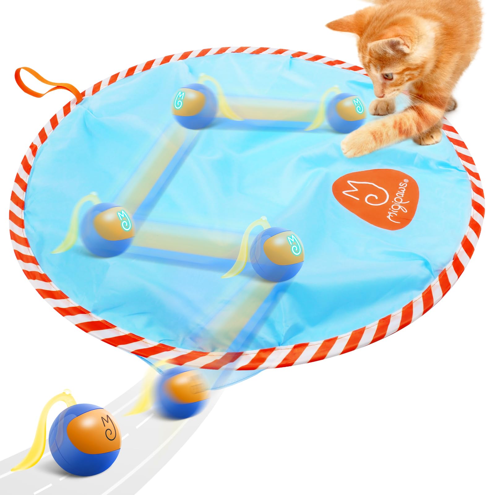 Migipaws Giocattolo Interattivo Sferico per Gatti, Divertente Inseguitore, Palla Luminosa con Sacchetto Misterioso, Movimento Irregolare, Gioco Nascondino (blu)