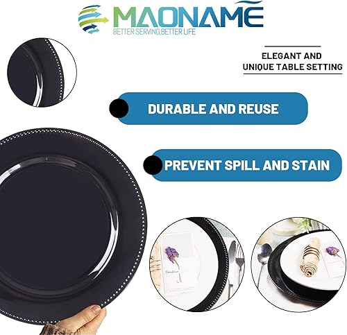 Miniatura 31 de MAONAME Juego de 6 platos de carga dorados de 13 pulgadas, cargador redondo para platos llanos, cargadores de platos con borde de cuentas