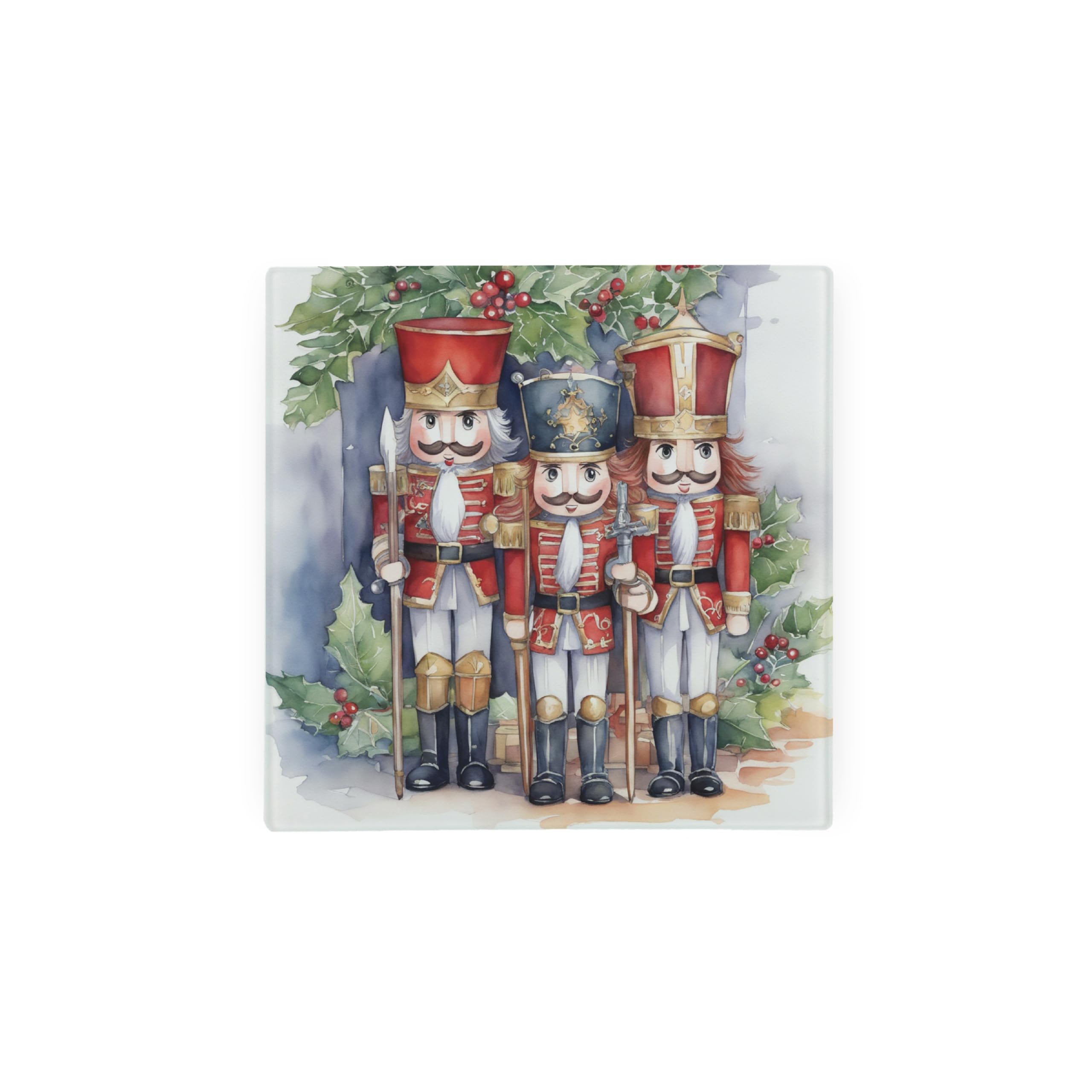 Christmas Nutcrackers Glass Hot Pot Stand - Festive Xmas Gift Trivet - Kitchen Chopping/Cutting Board Worktop Protector with Non-Slip Feet 20cm x 20cm (8" x 8")