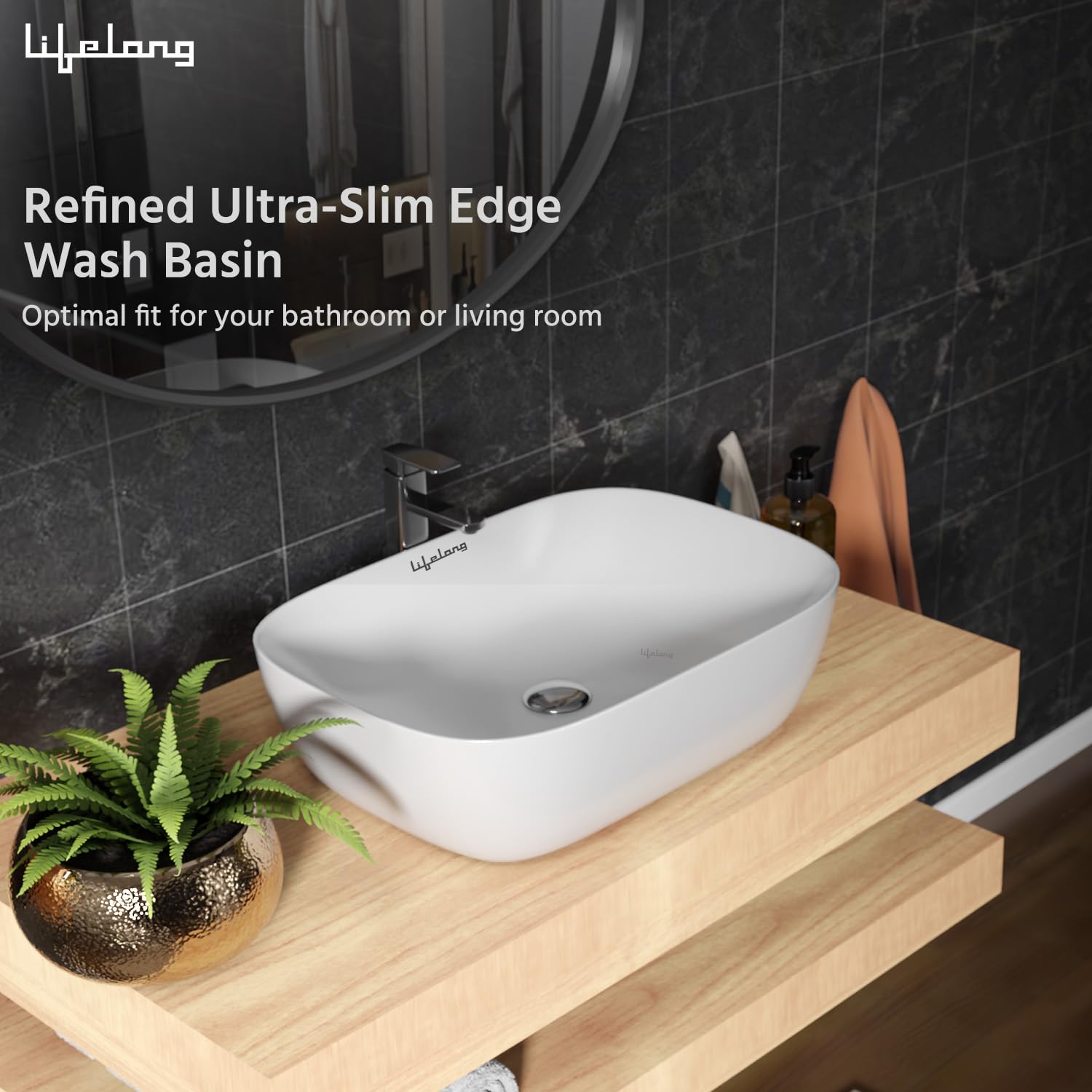Lifelong Wash Basin for Bathroom - Tabletop Washbasin - Ceramic Glossy Rectangle Countertop Vessel Sink Ideal for Bathroom, Dining Hall & Vanity 33x46x16 cm (White, LLHIPB01) 1