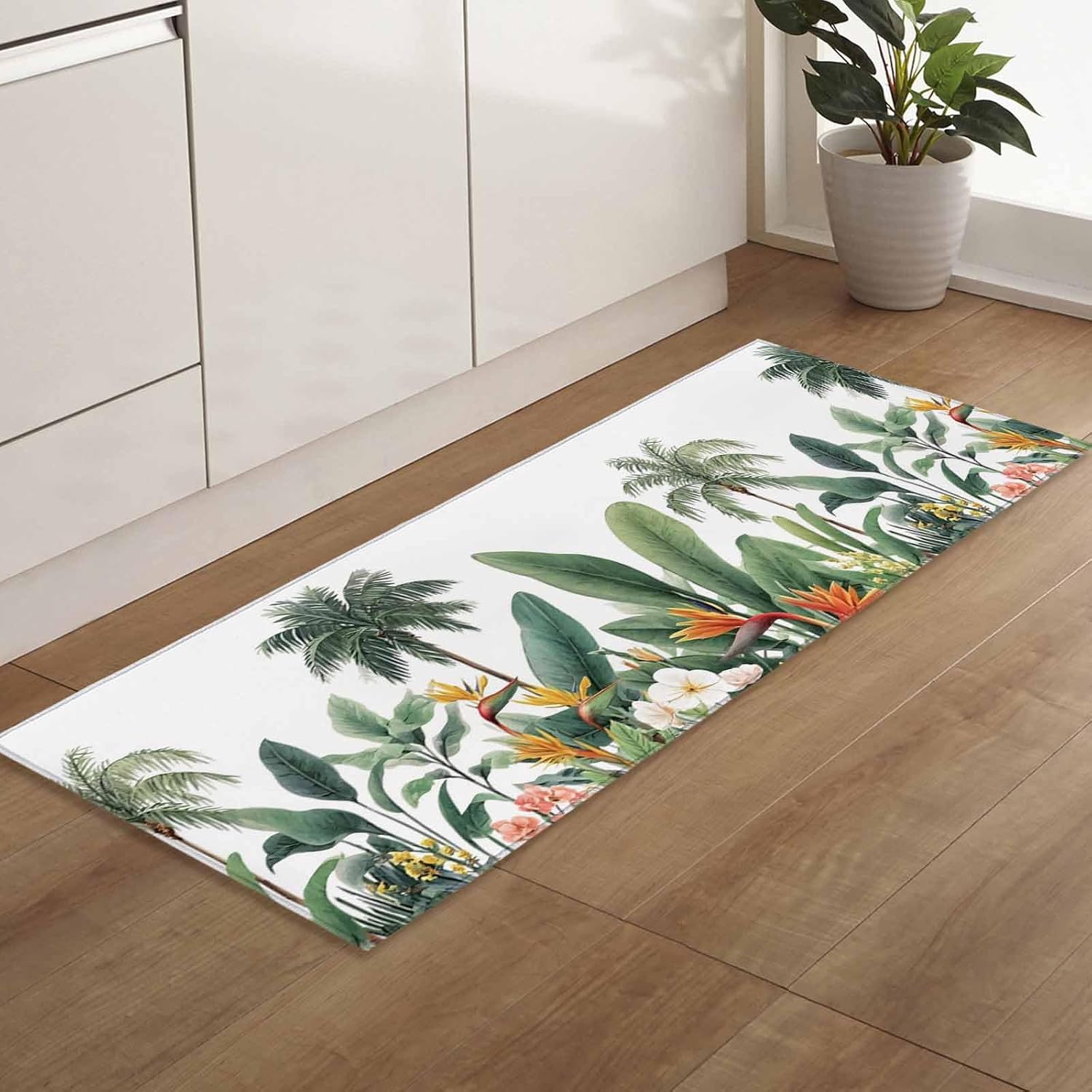 Teamery Kitchen Mats for Floor Tropical Plant Flower Coconut Tree Washable Non Slip Kitchen Rugs 1PCS, Summer Floral Leaves Absorbent Standing Mats for Sink Bathroom Office Living Room 23.6x70.9in