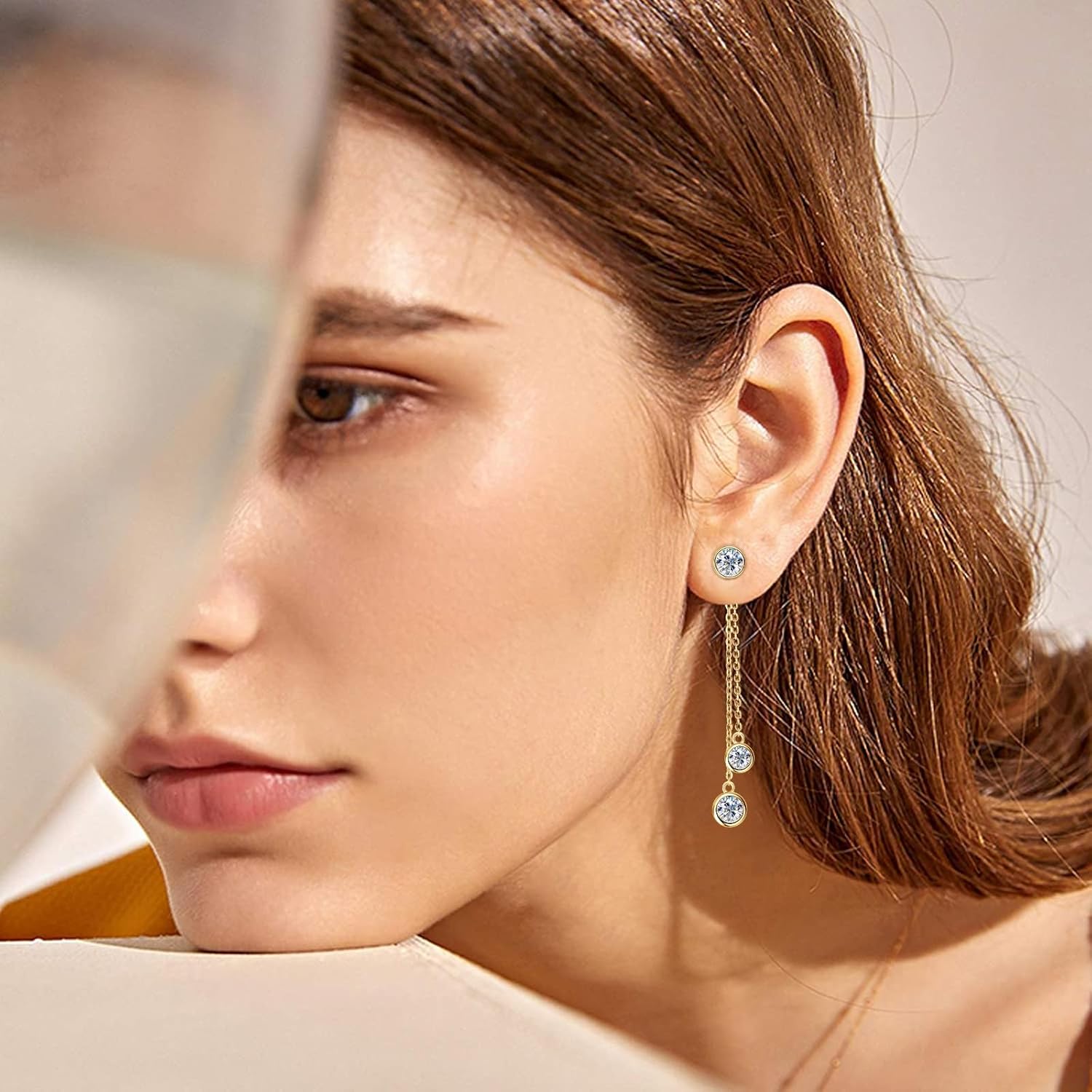 Moissanite Threader/Drop Dangle Earrings for Women, 925 Sterling Silver 1CT D-E Color Moissanite Dangle Earrings, 18K Gold Plated Chain Earrings for Women Hypoallergenic, Christmas New Year Gifts with Jewelry Box Packed